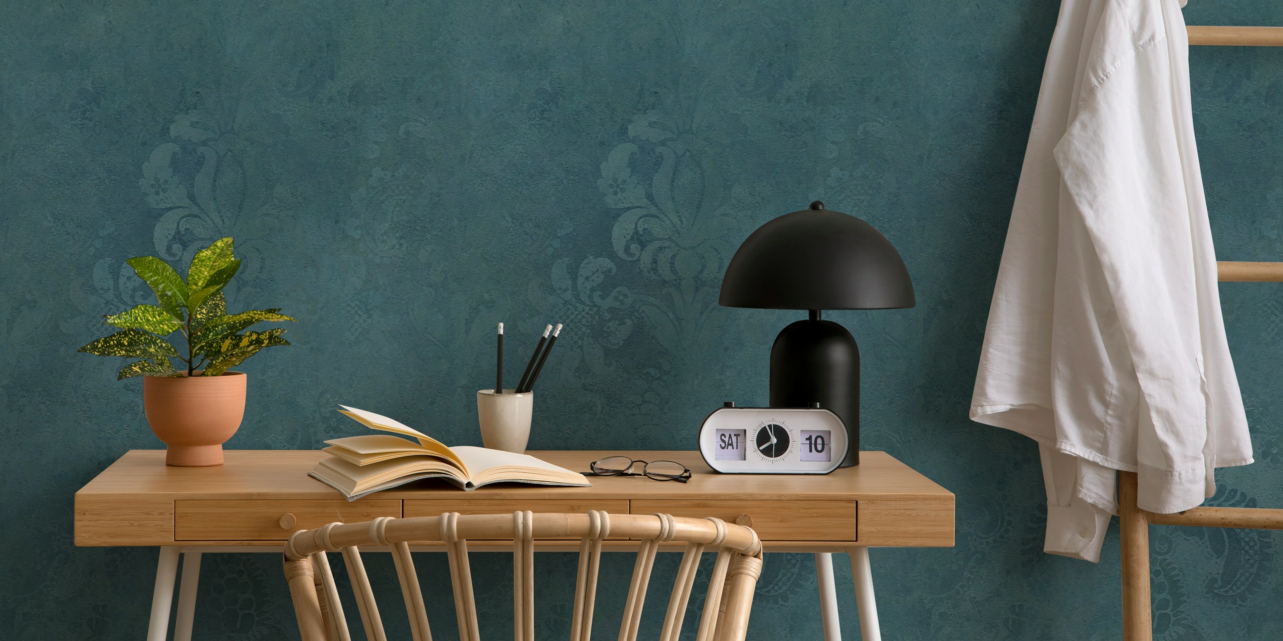 Teal blue grunge damask wallpaper with ornate patterns