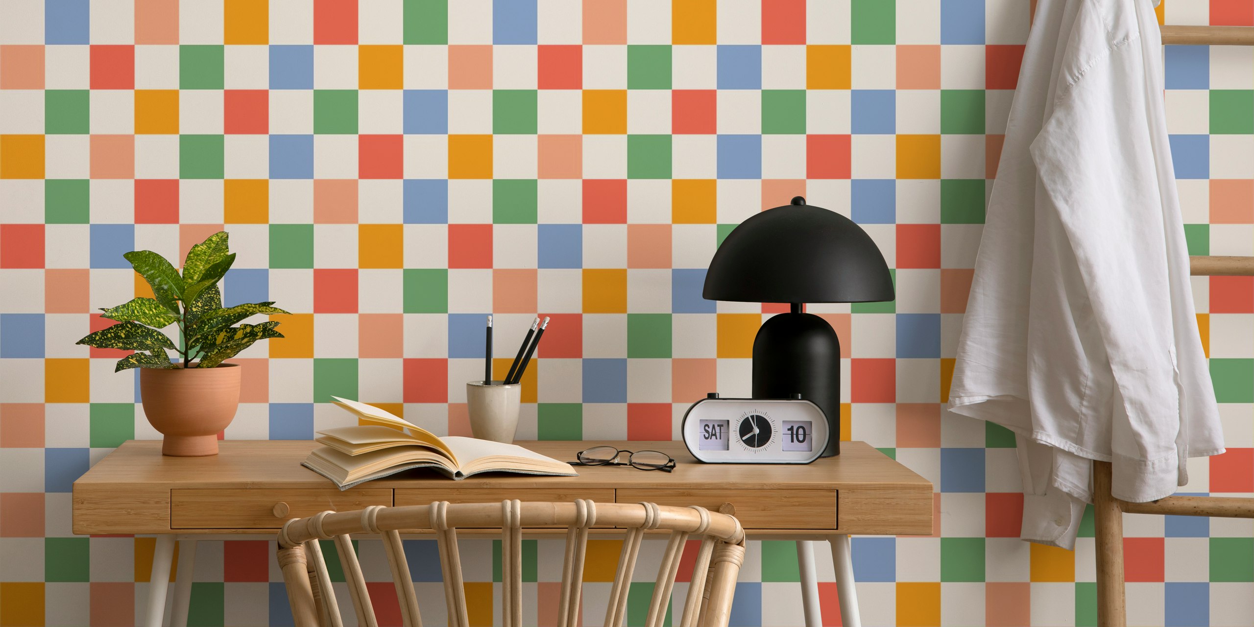 Colorful checkerboard pattern in orange, blue, green, and red wallpaper