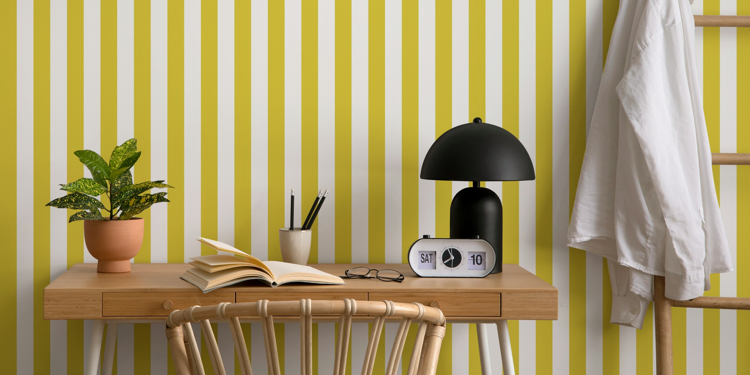 Yellow and white striped wallpaper in a modern style