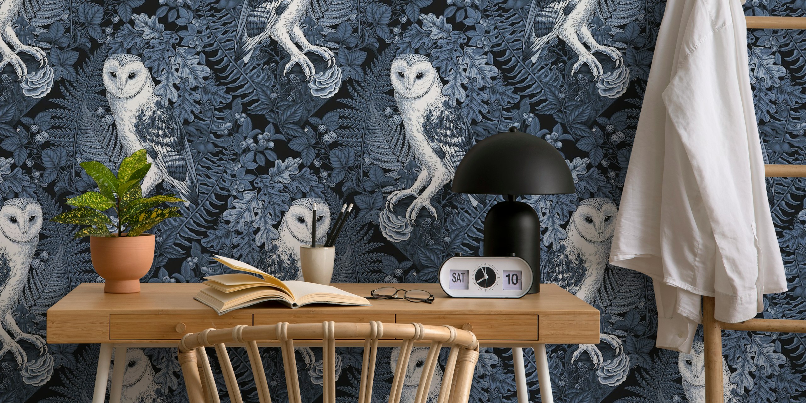 Blue monochrome wall mural featuring owls, ferns, oak leaves, and berries