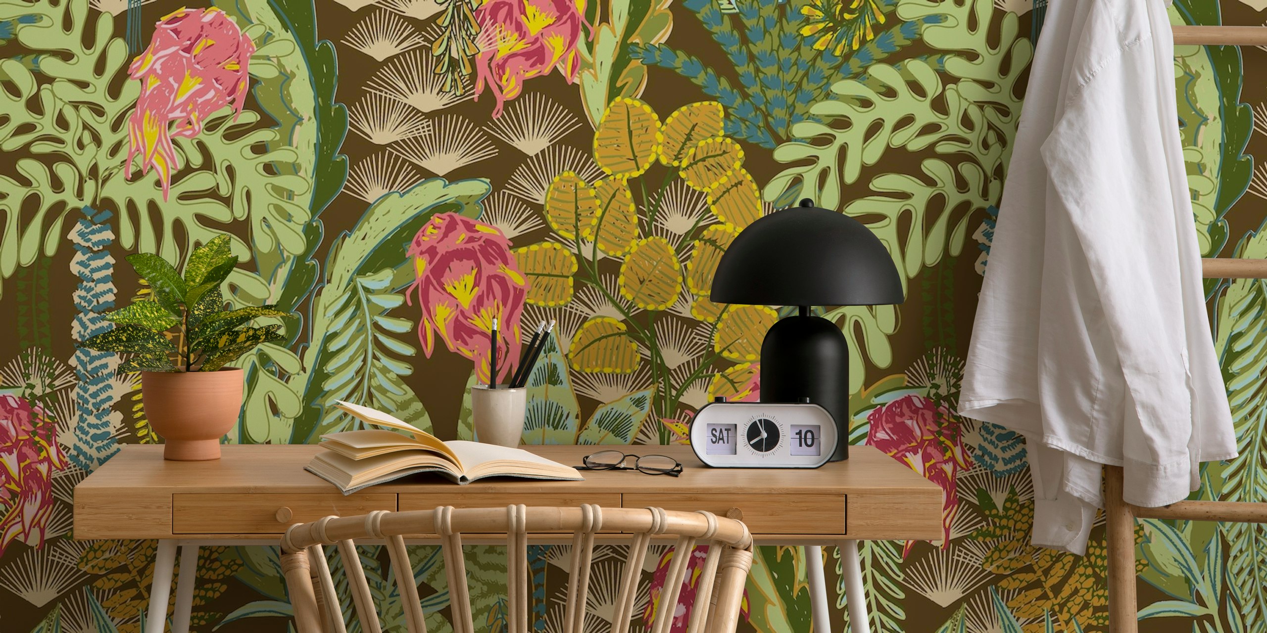 Exotic tropical flora wall mural featuring dragon fruit and lush greenery on a dark brown background