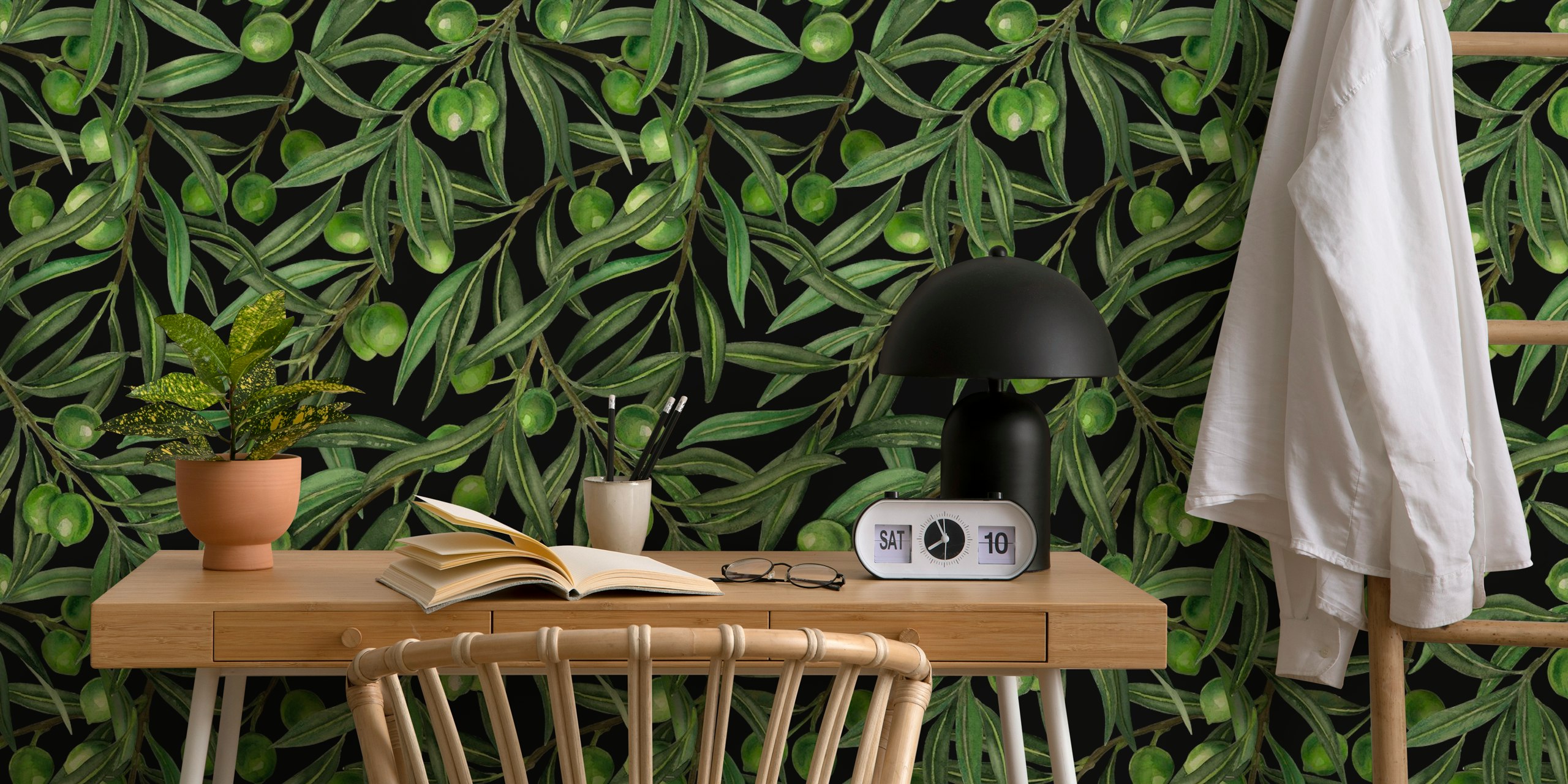Olive branches Tapetenmuster in einem Raum