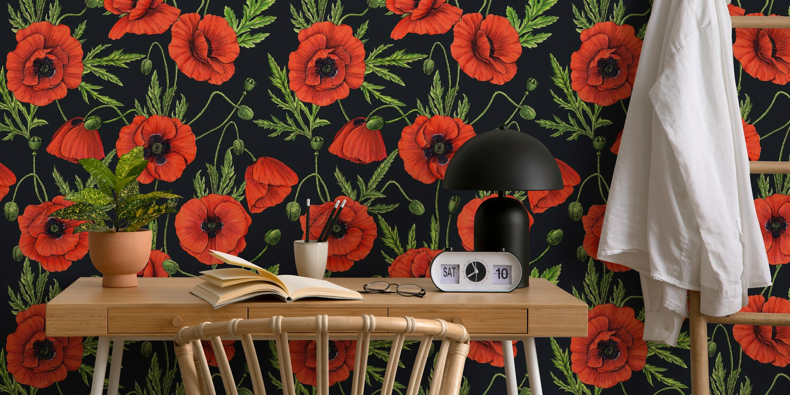 Poppies on black design della carta da parati in una stanza