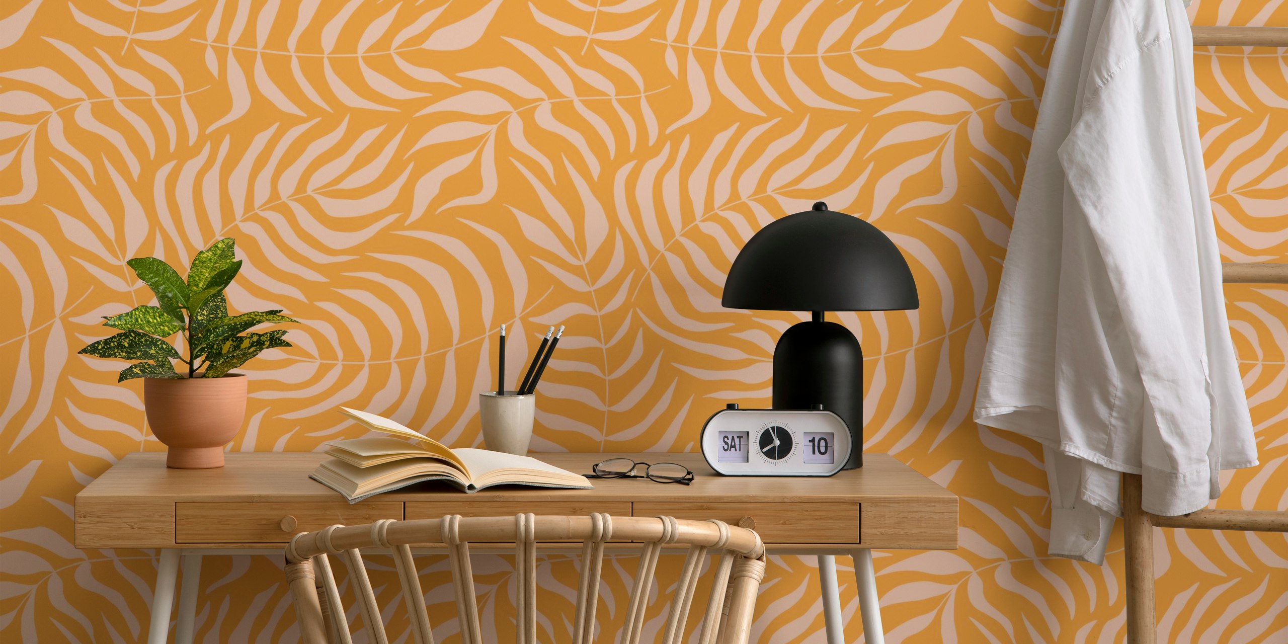 Groovy palm leaves wallpaper in a room