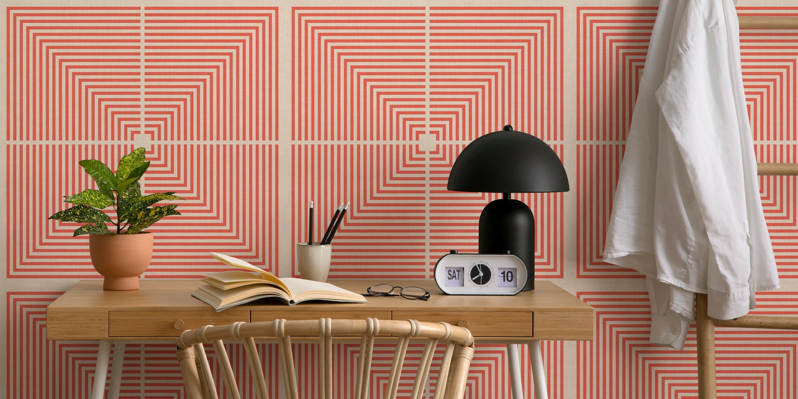 Geometric pattern in coral and cream wallpaper