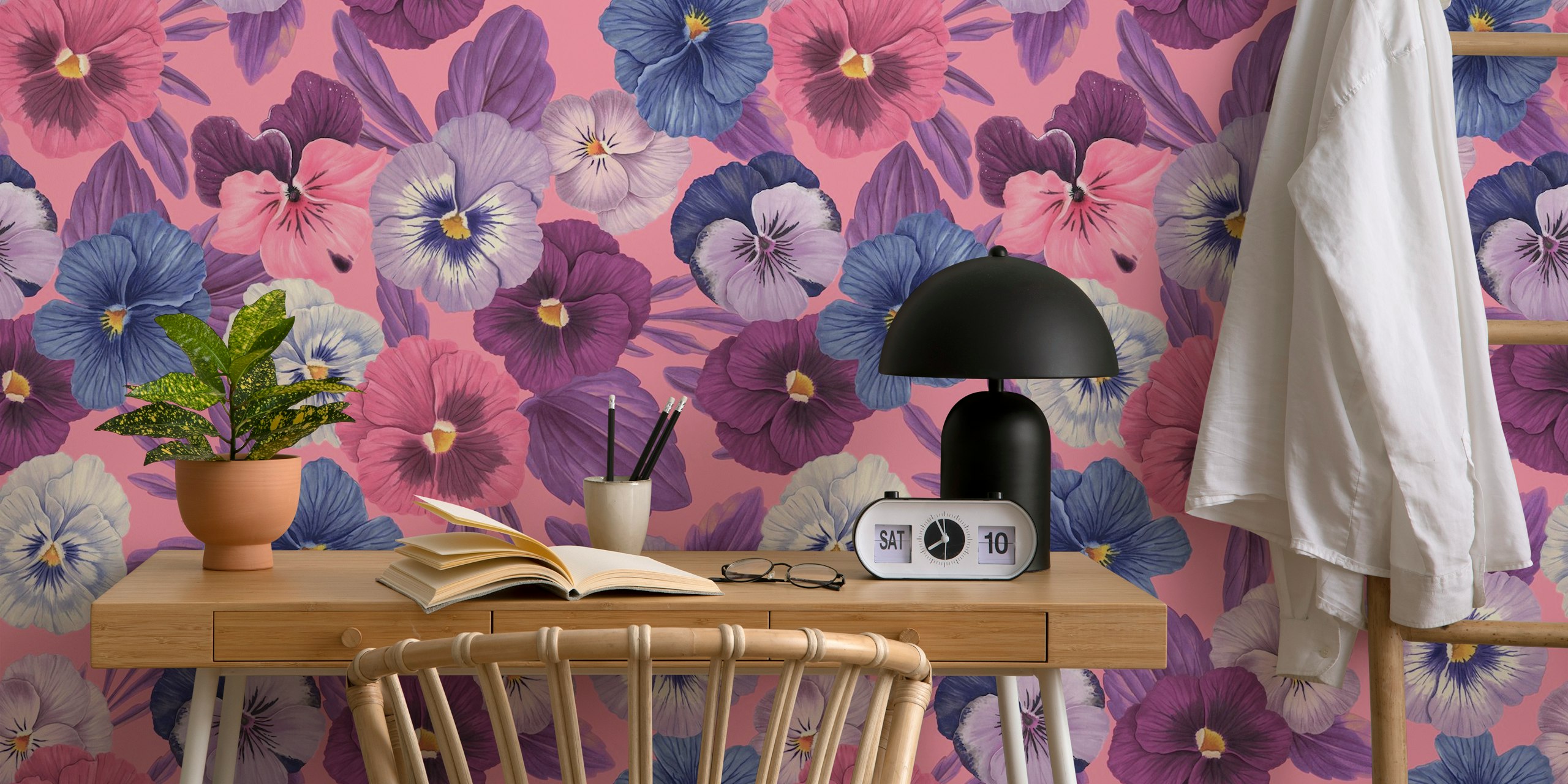 Colorful pansies on pink background floral wallpaper