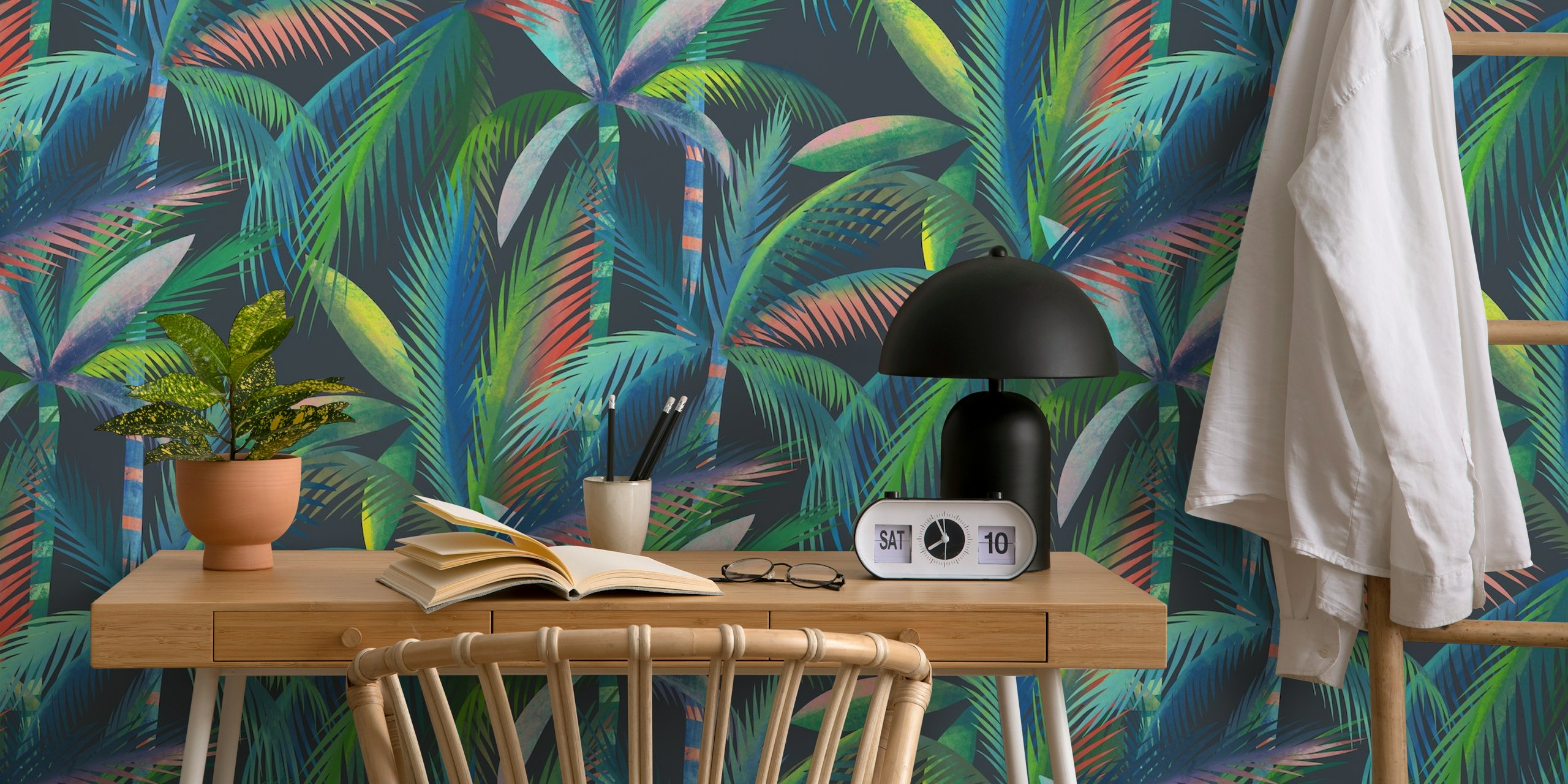Lush jungle palm trees wallpaper in a room