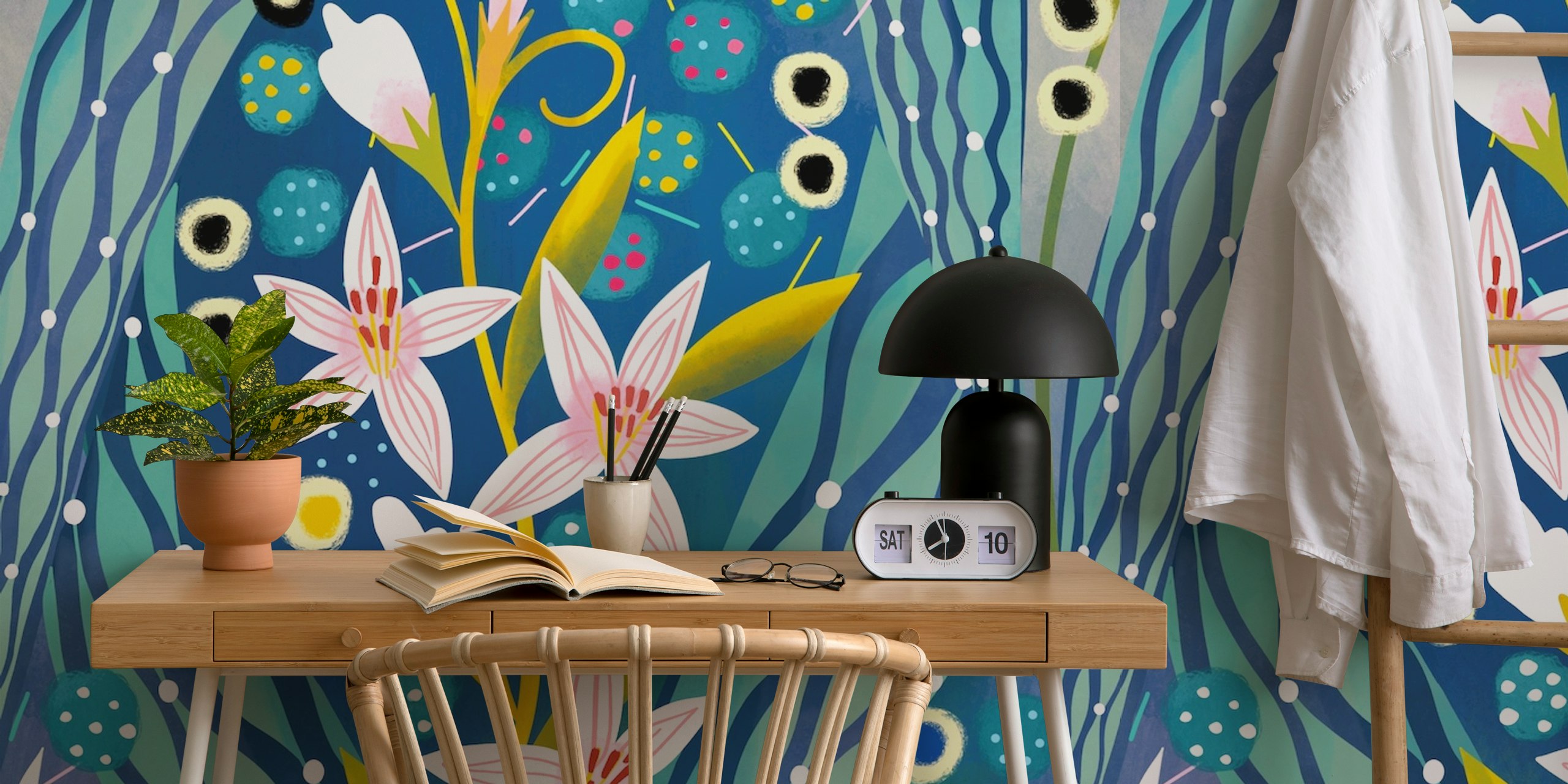 Art deco lilies wallpaper design in a room
