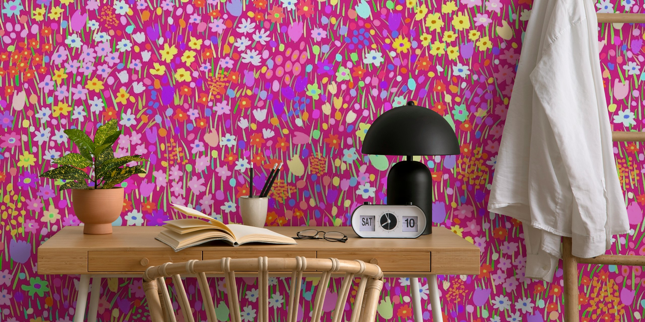 Colorful floral pattern in pink, orange, and purple wallpaper