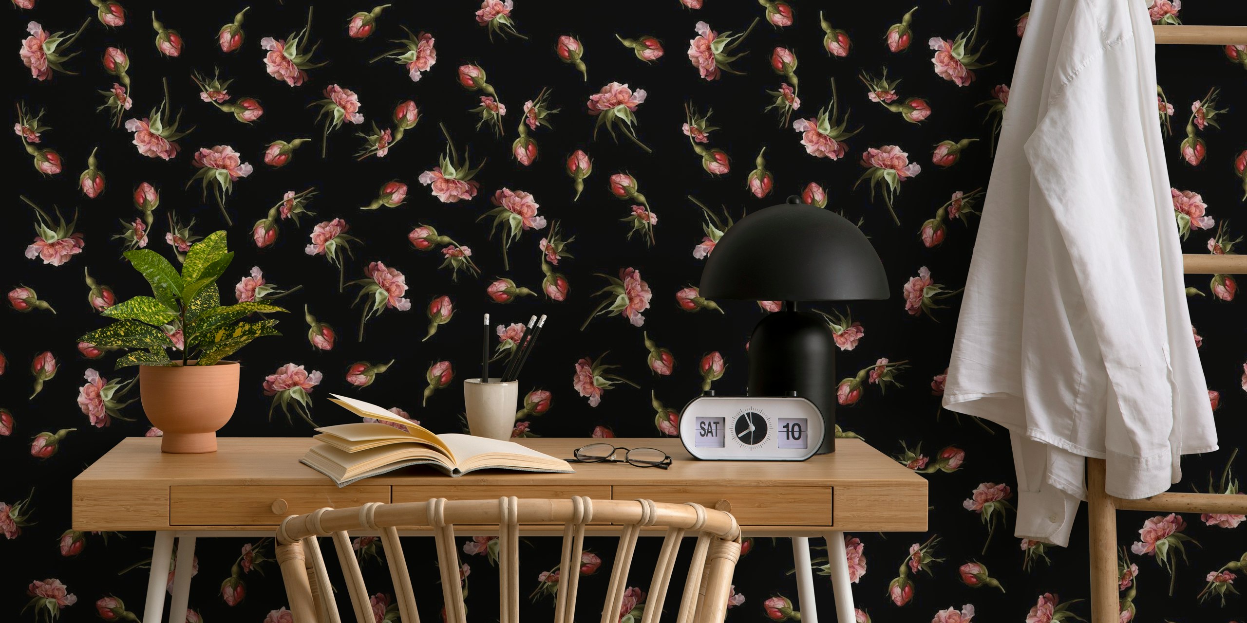 Midnight Rose Garden floral wallpaper in a room