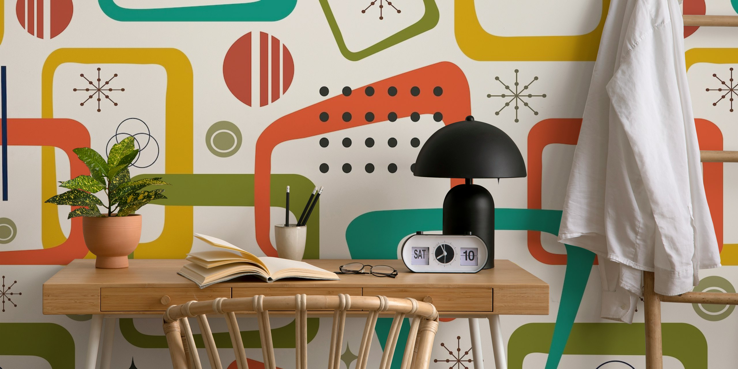 Mid Century Modern geometric wallpaper with colorful shapes
