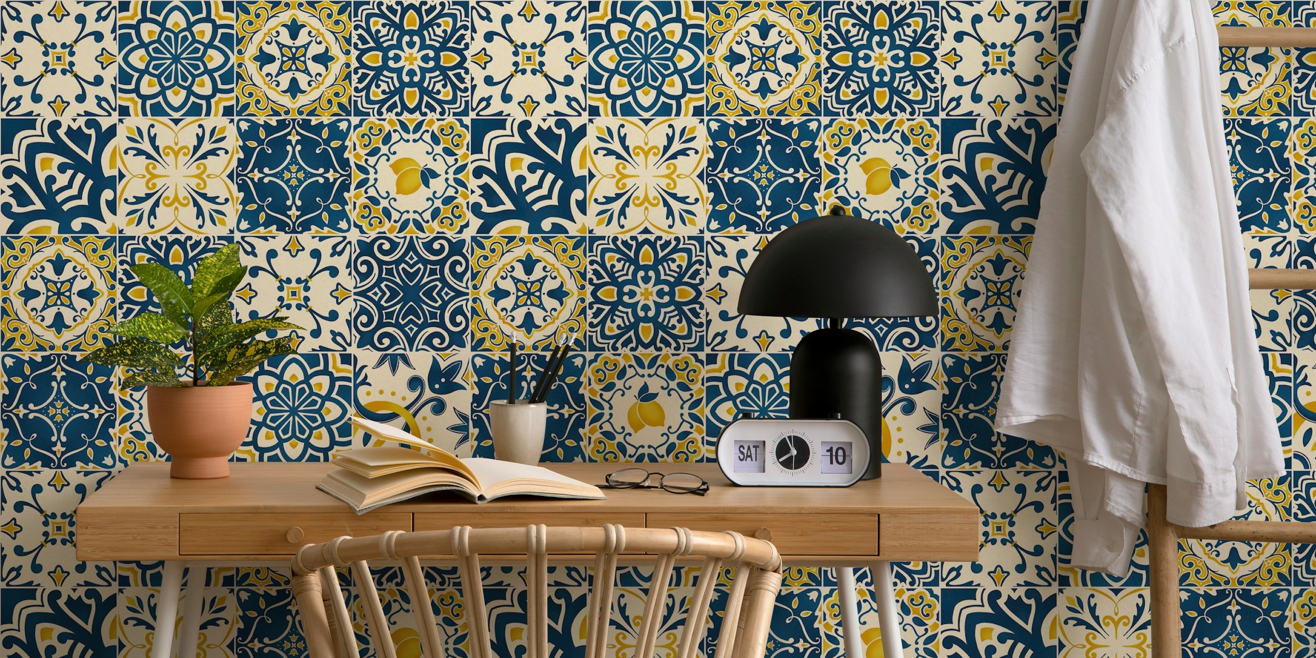 Mediterranean tile pattern in blue and yellow colors wallpaper