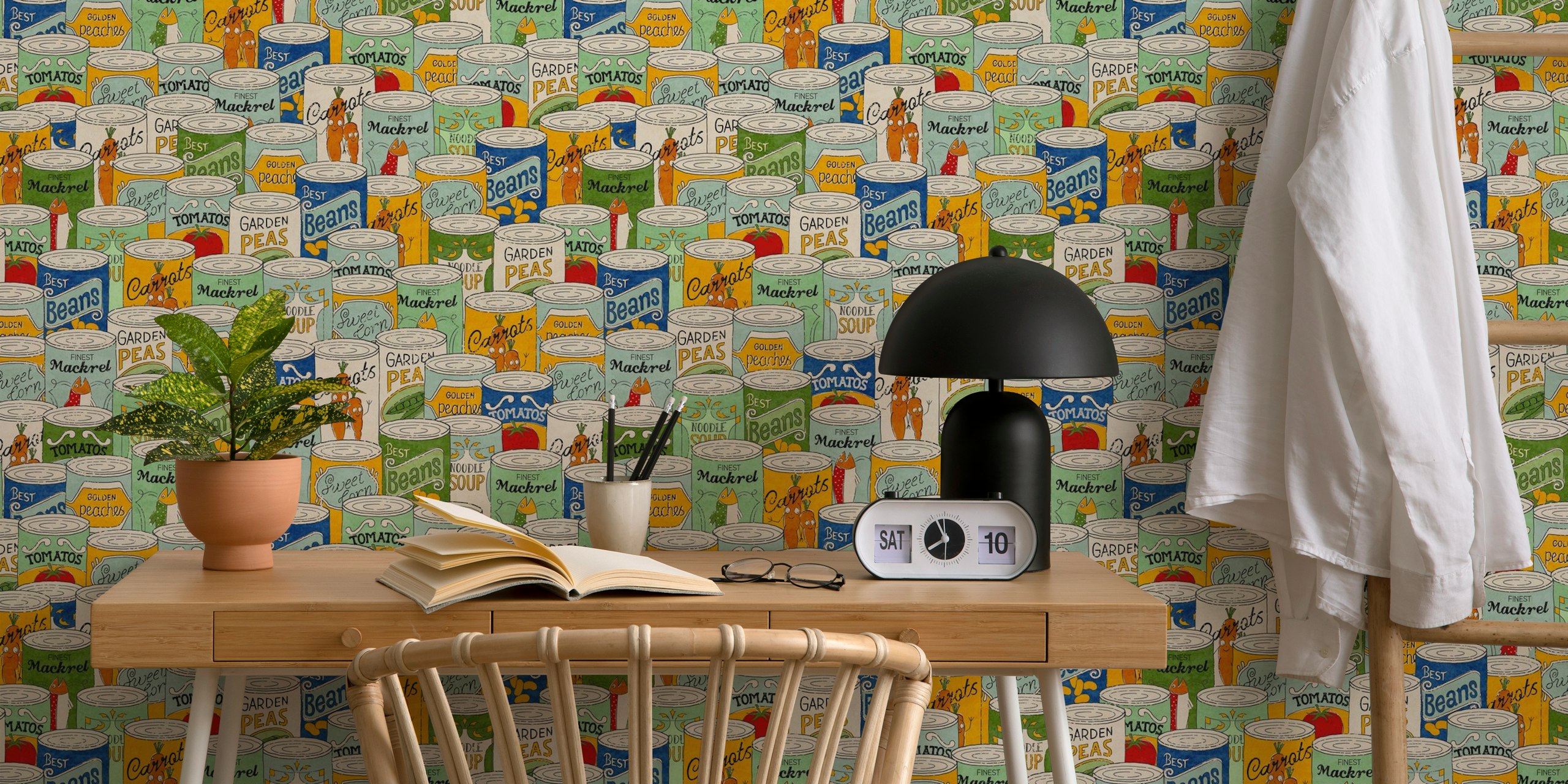 Colorful wall mural featuring a repetitive pattern of assorted canned food products