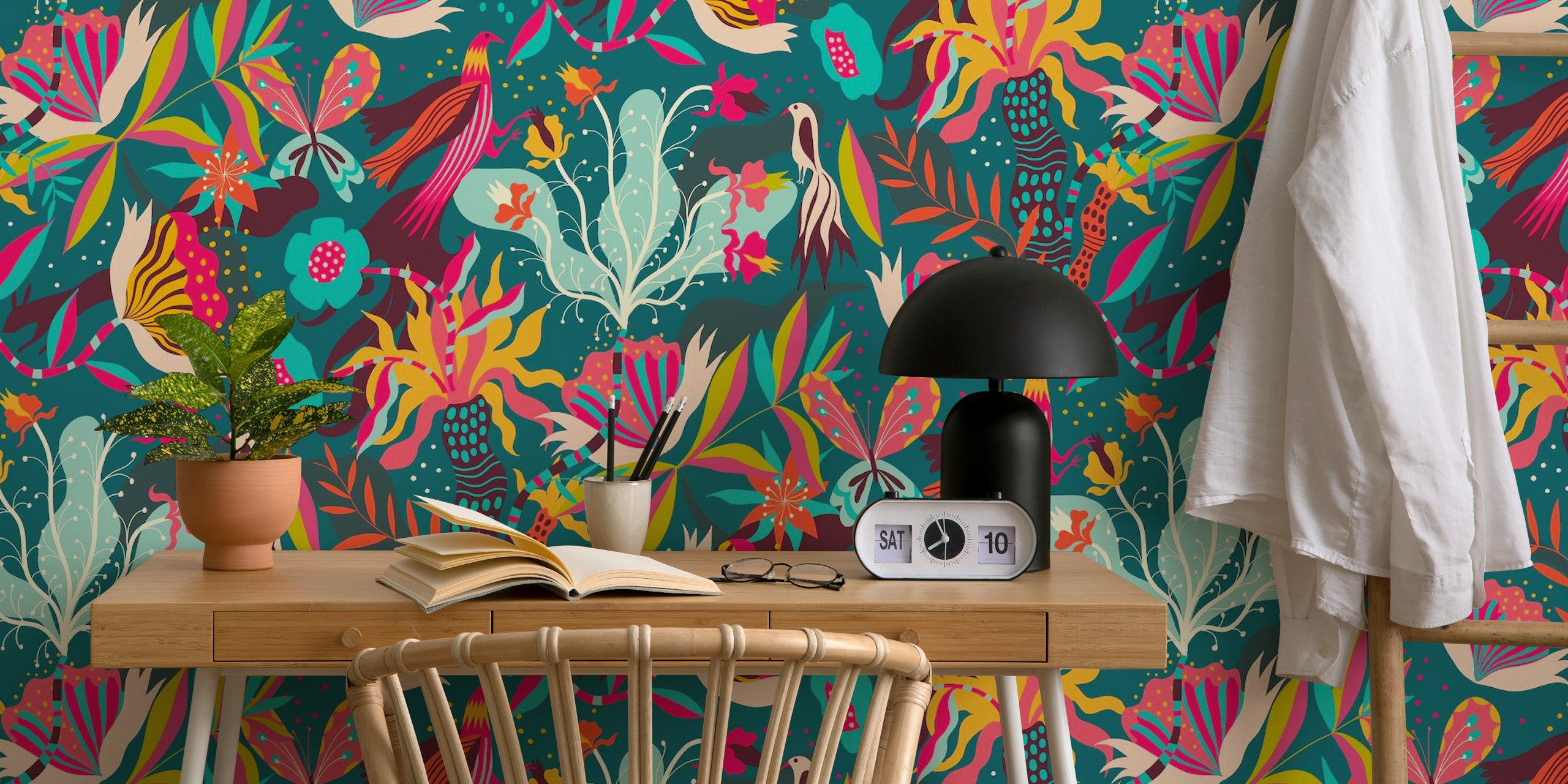 fantastic jungle teal papel de parede em um quarto