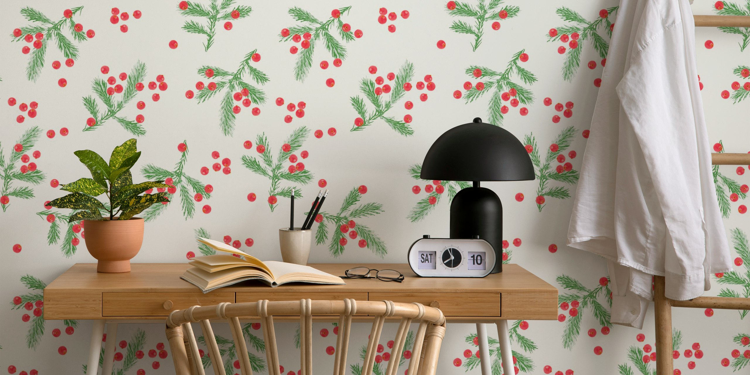 Christmas berries wall mural with evergreen sprigs and red berries on a white background