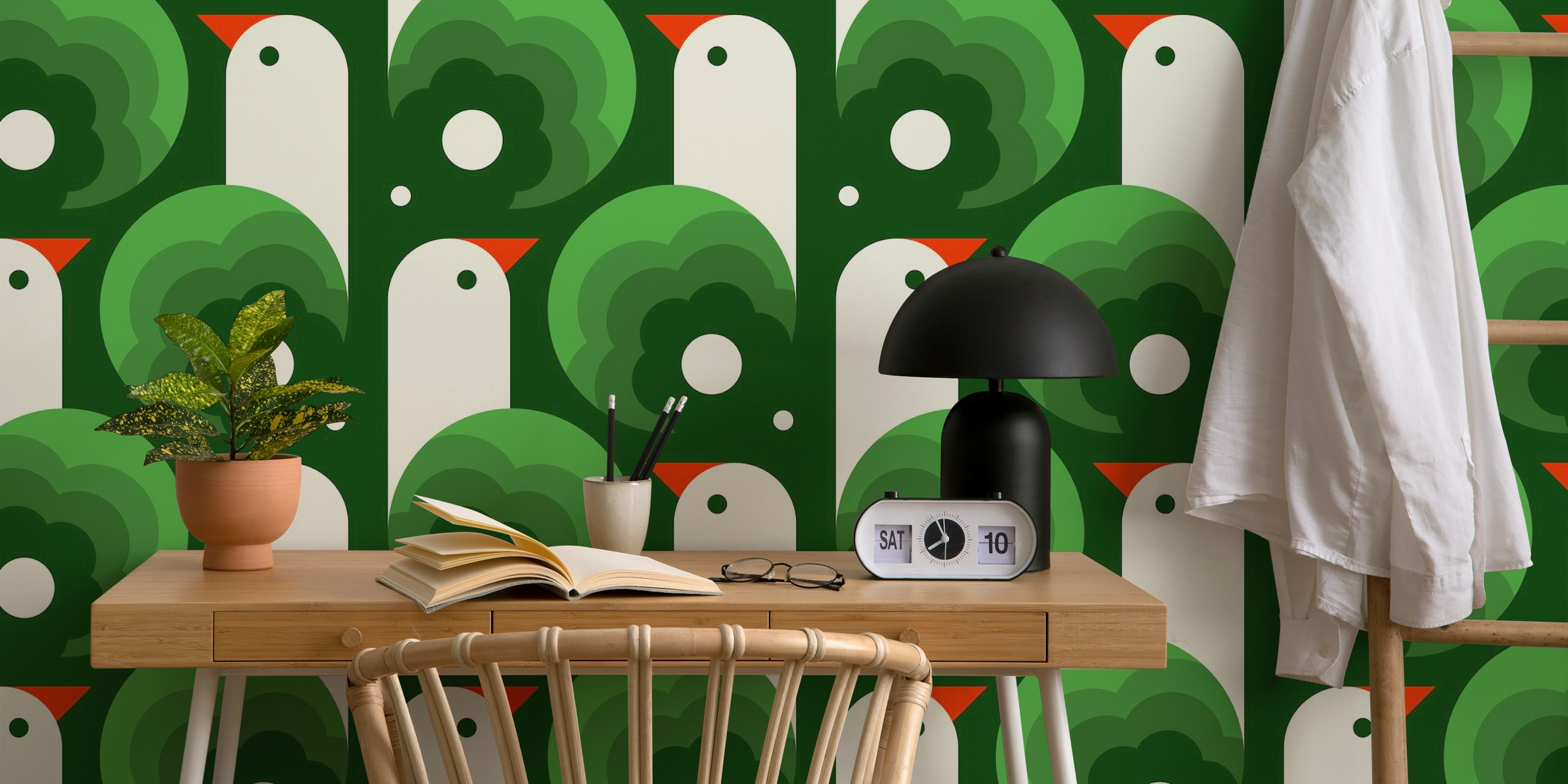 Green and white playful bird pattern wallpaper