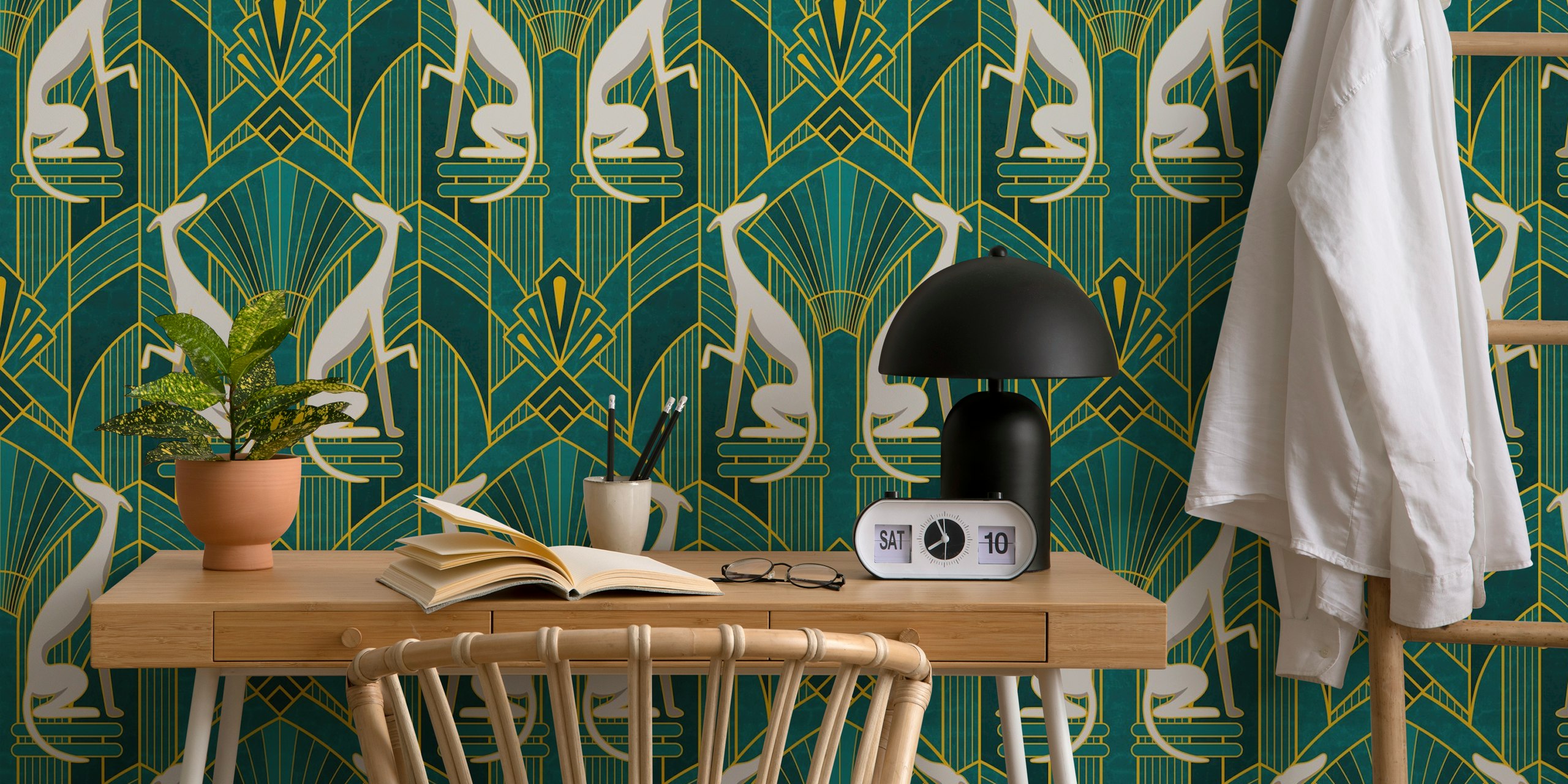 Art Deco design with teal background and grayhound motifs