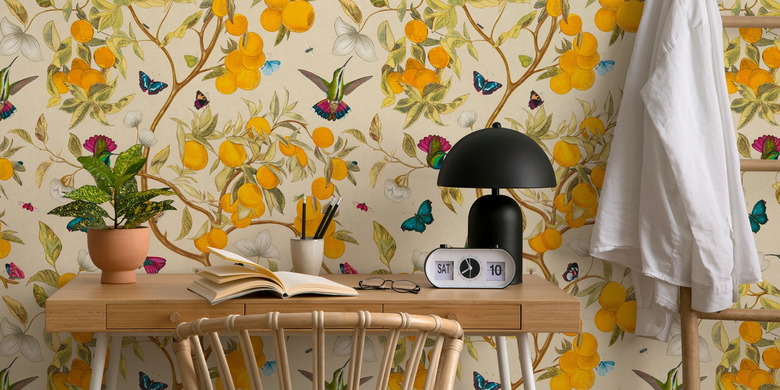 Hummingbirds and lemons wallpaper design