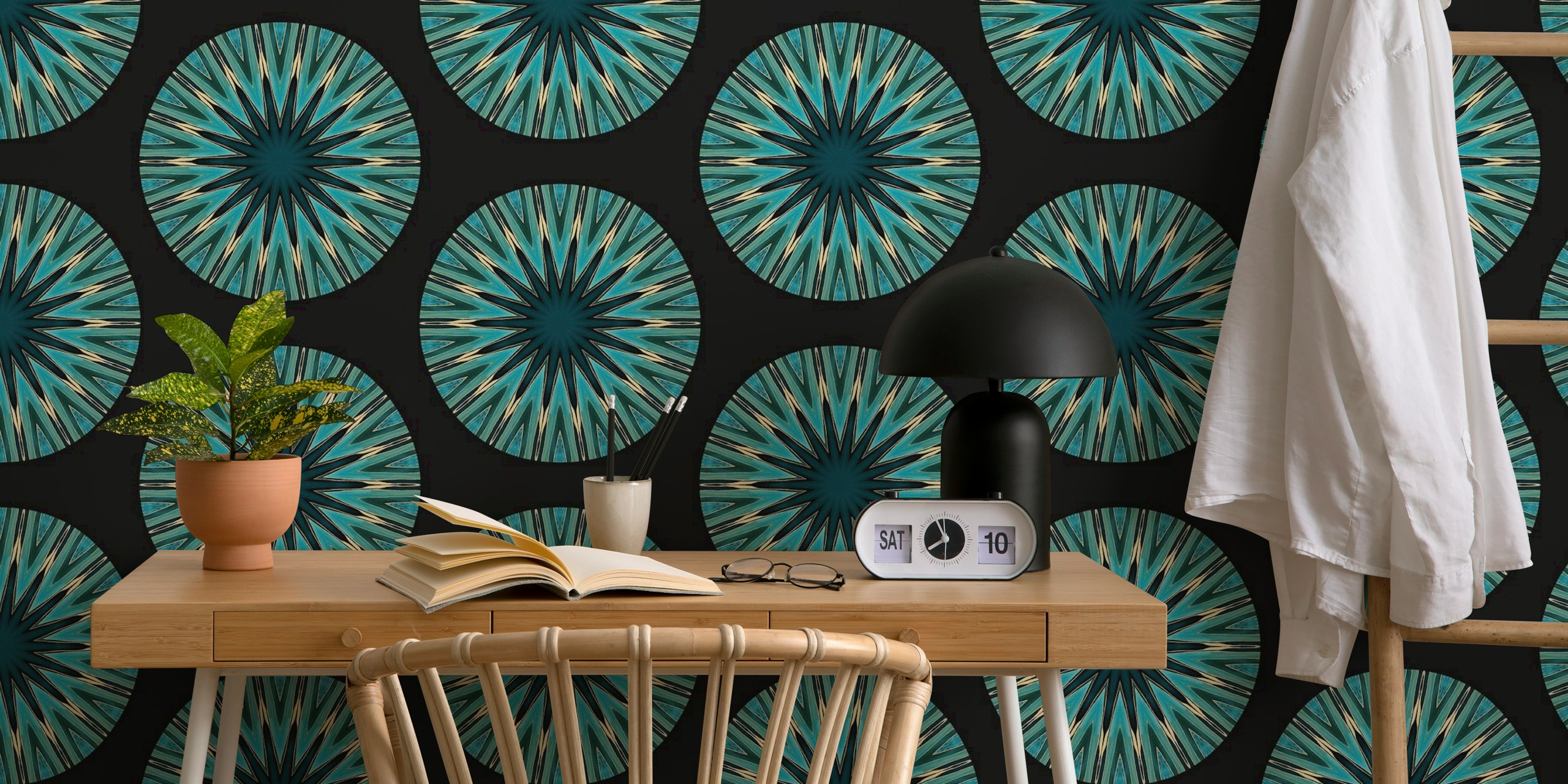 Teal and gold round geometric pattern wallpaper