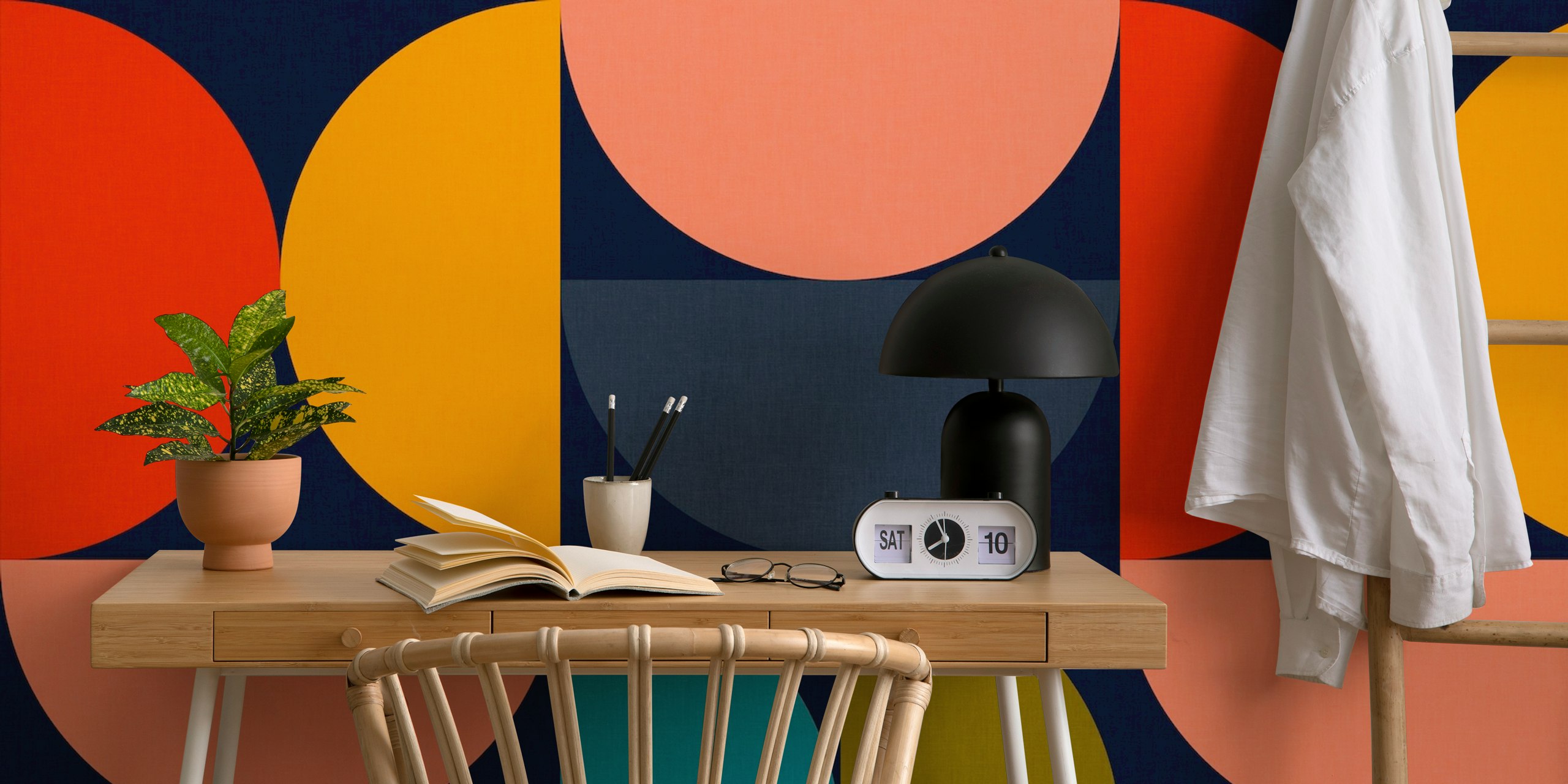 Bauhaus geometric mid century wallpaper in a room