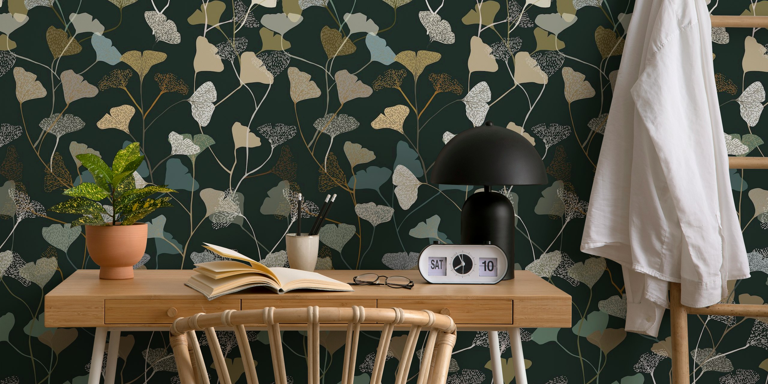 Ginkgo Leaves dark tapetti huoneessa