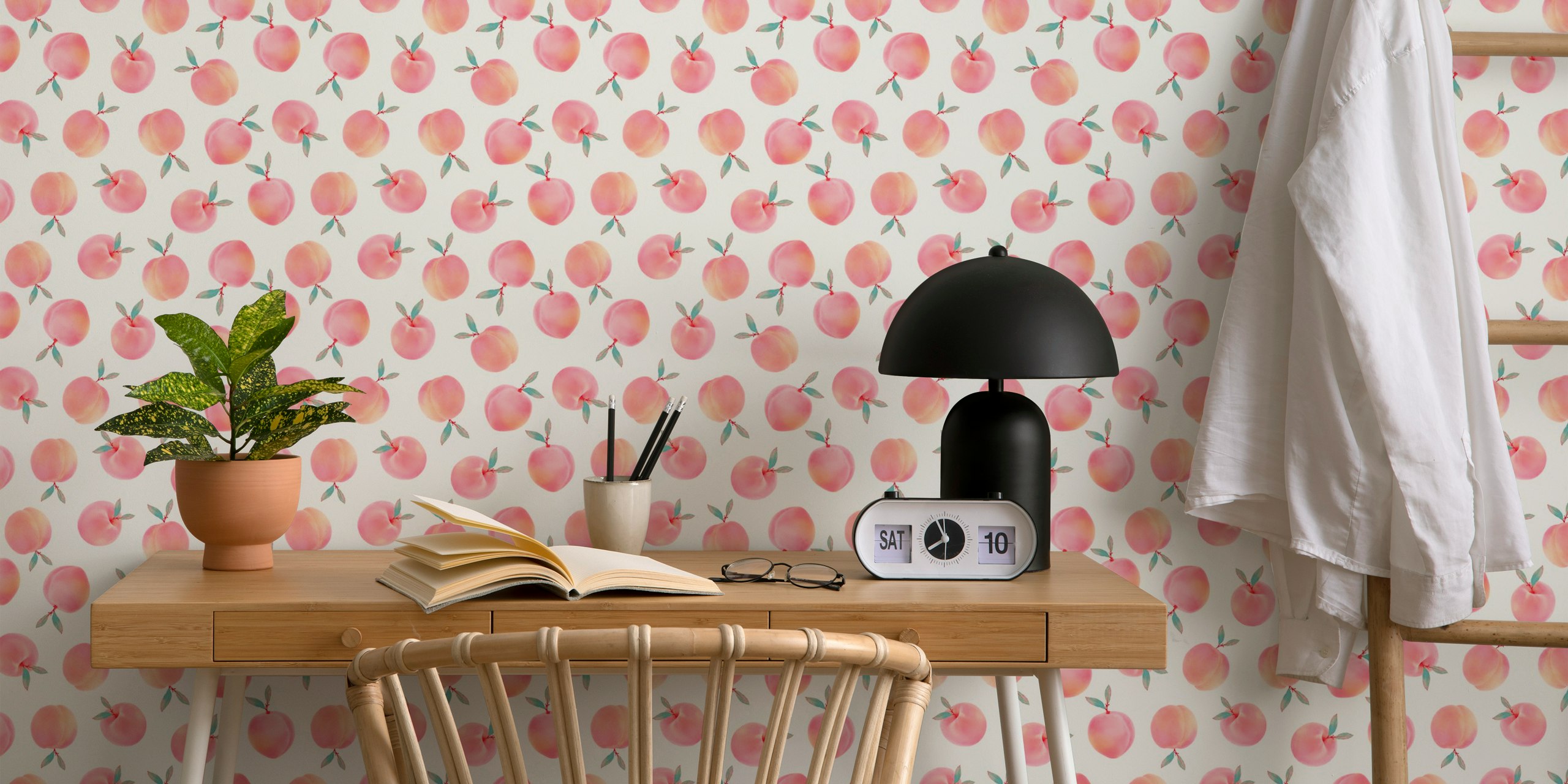 Peach fruit pattern in shades of pink and green wallpaper