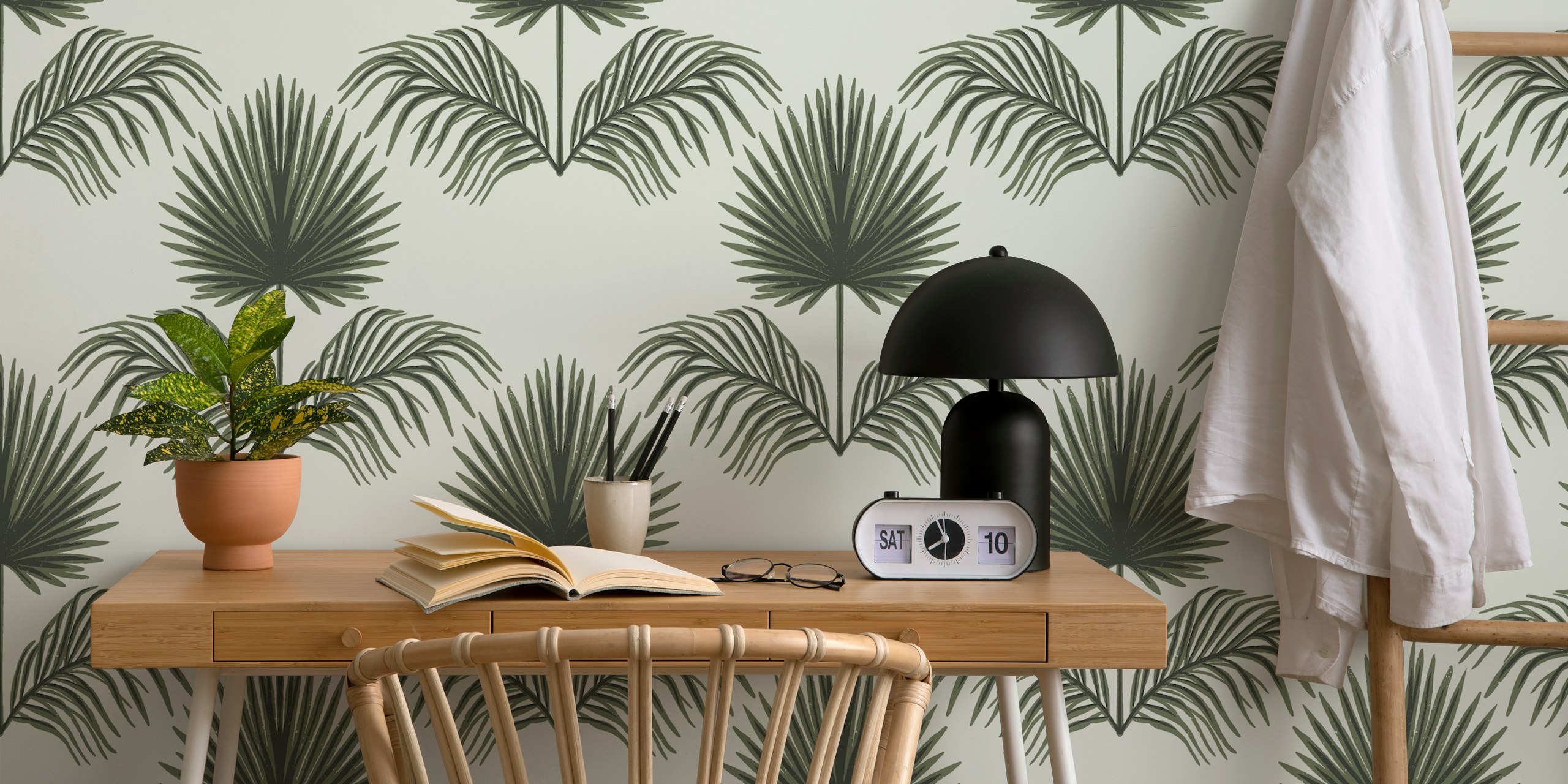 Fan palm wallpaper displayed in a room