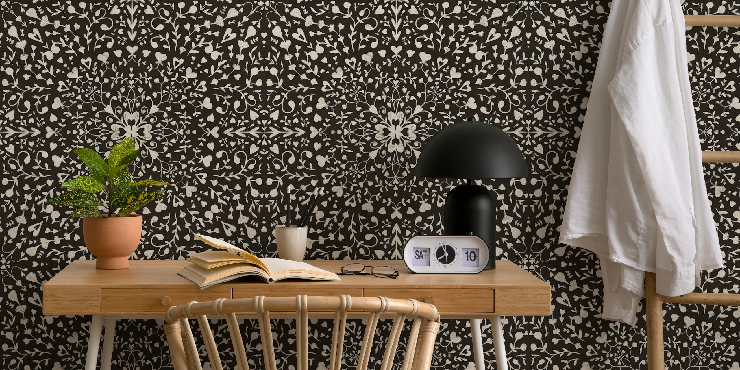Black and white floral mandala pattern wall mural