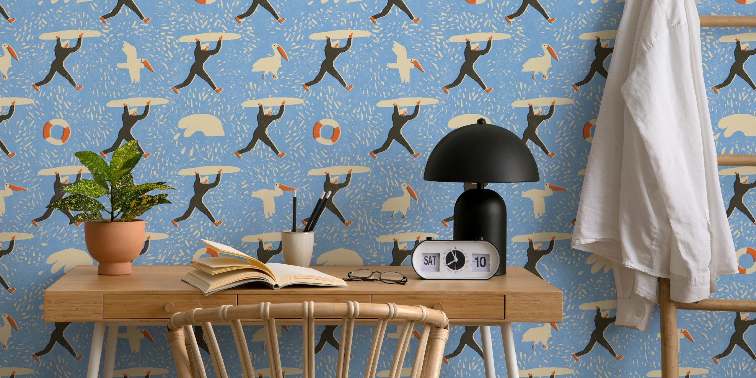 Surfers with surfboards and seagulls on blue background wallpaper