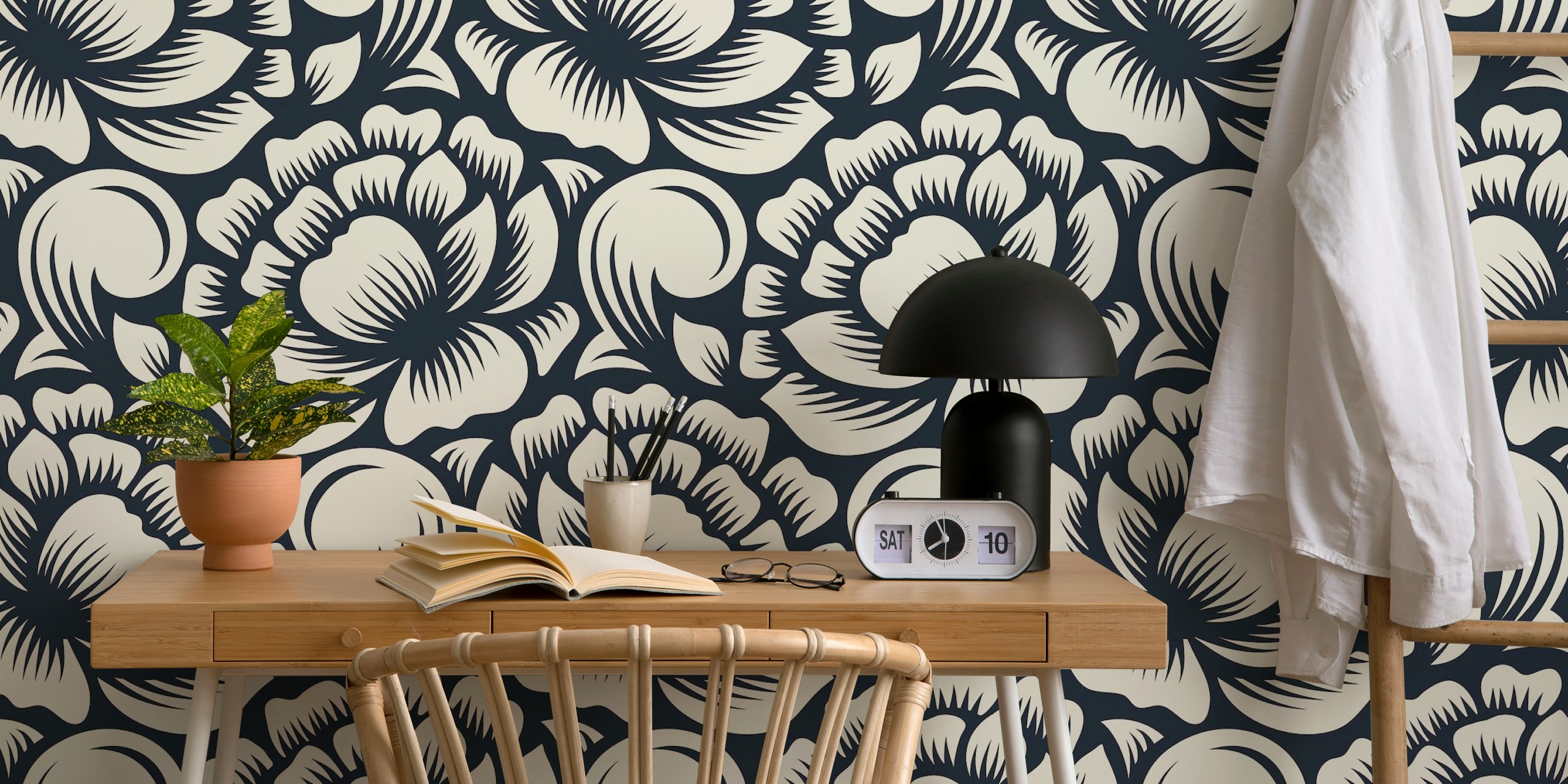 White peonies silhouettes wallpaper design