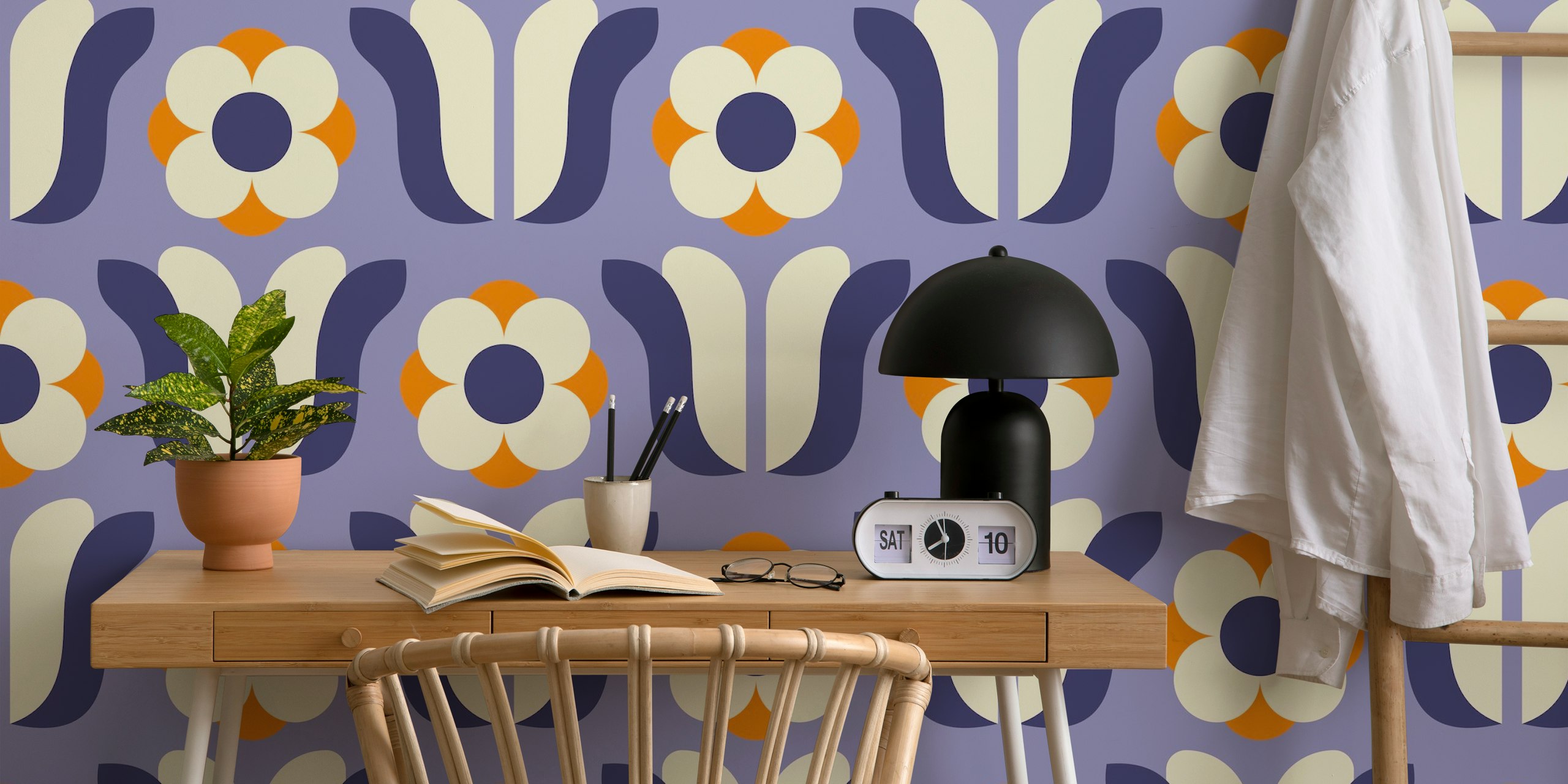 Retro floral design with purple and orange flowers wallpaper