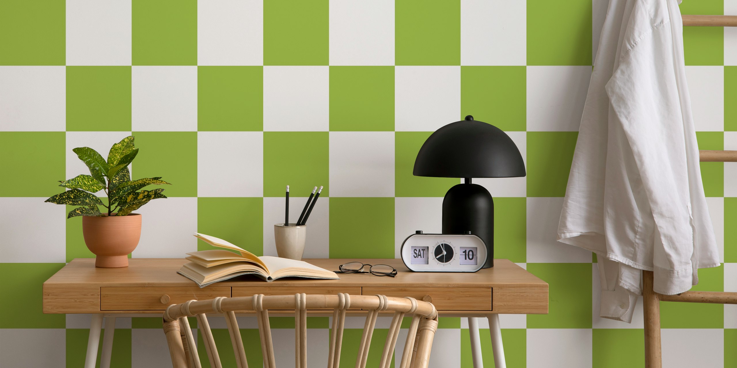 Diagonal checkerboard pattern wall mural in warm green and white shades