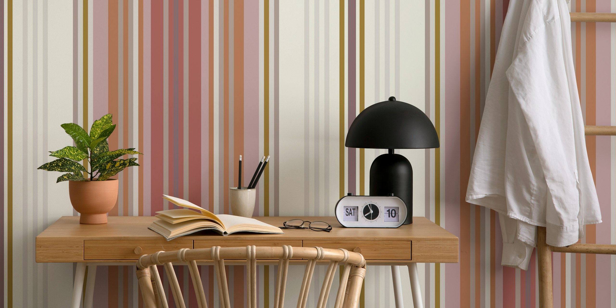 Burgundy striped wallpaper with pink, brown, and cream colors