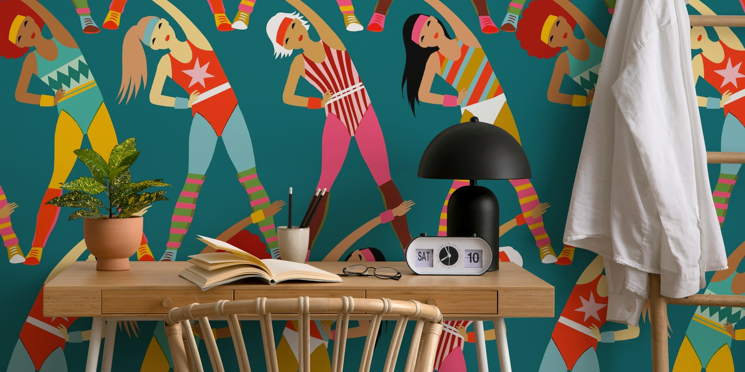 Colorful retro aerobic workout wallpaper with women exercising in vibrant outfits
