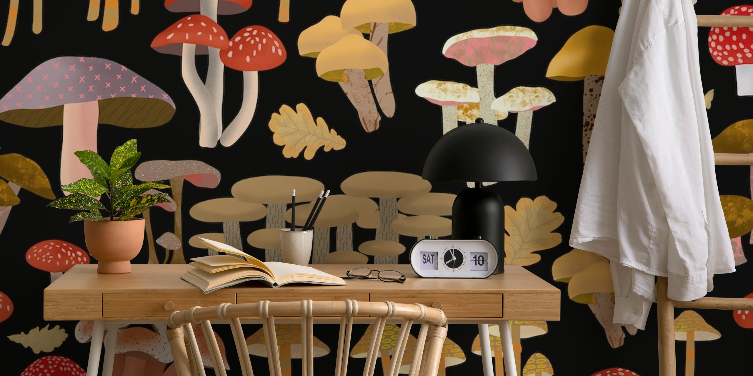 Colorful mushrooms on a black background wallpaper