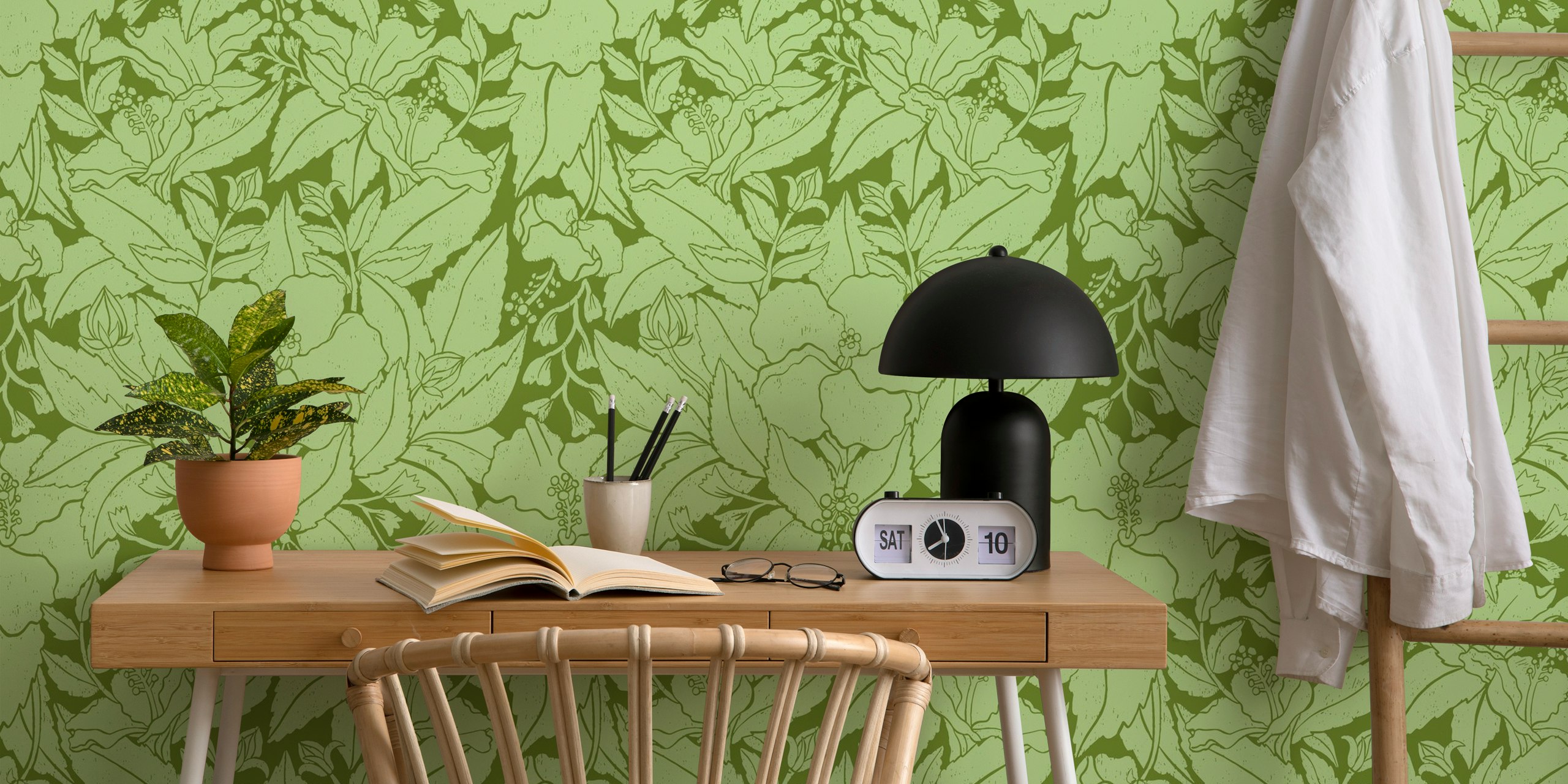 Hibiscus Damask Green wallpaper in a room