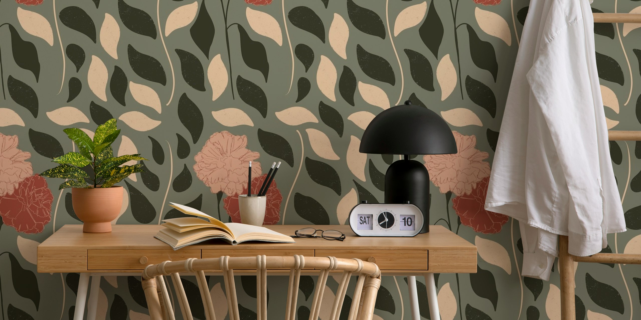 Botanical floral pattern with leaves and flowers in earthy colors wallpaper