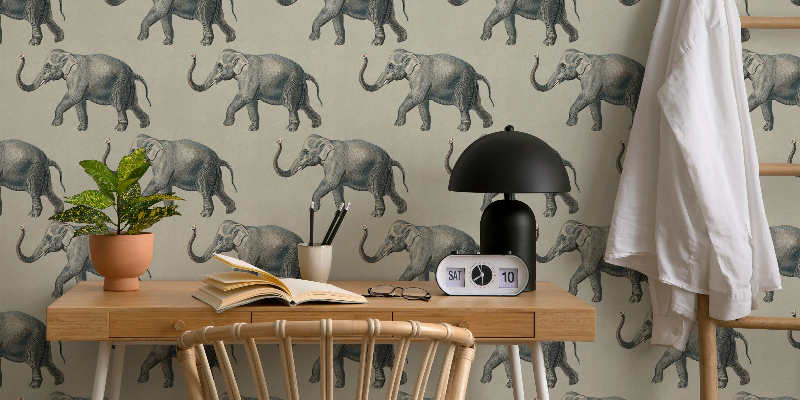 Vintage Elephant Pattern Wall Mural depicting elephants on a beige linen texture background