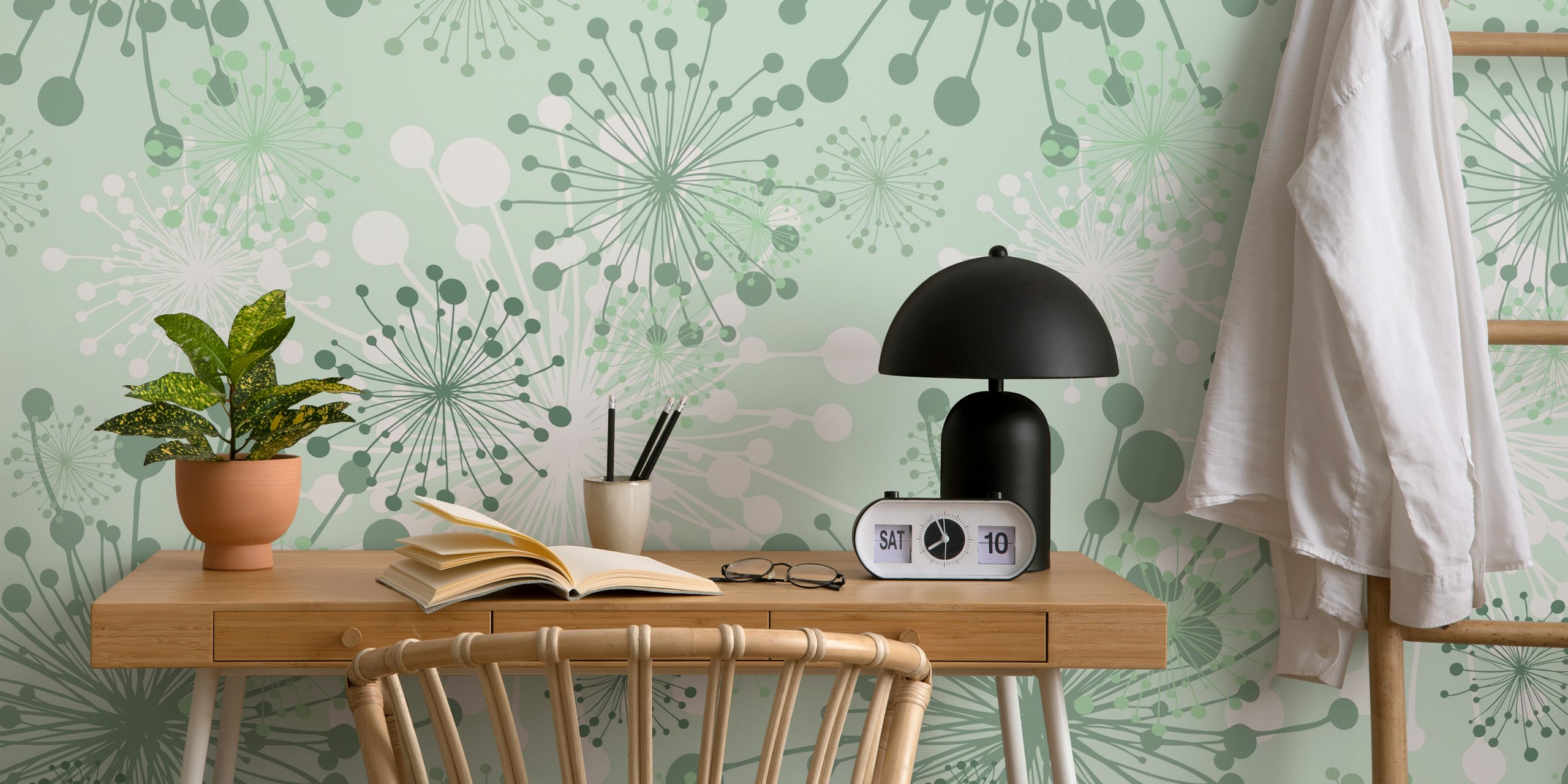 Mint sage green dandelions pattern papel de parede
