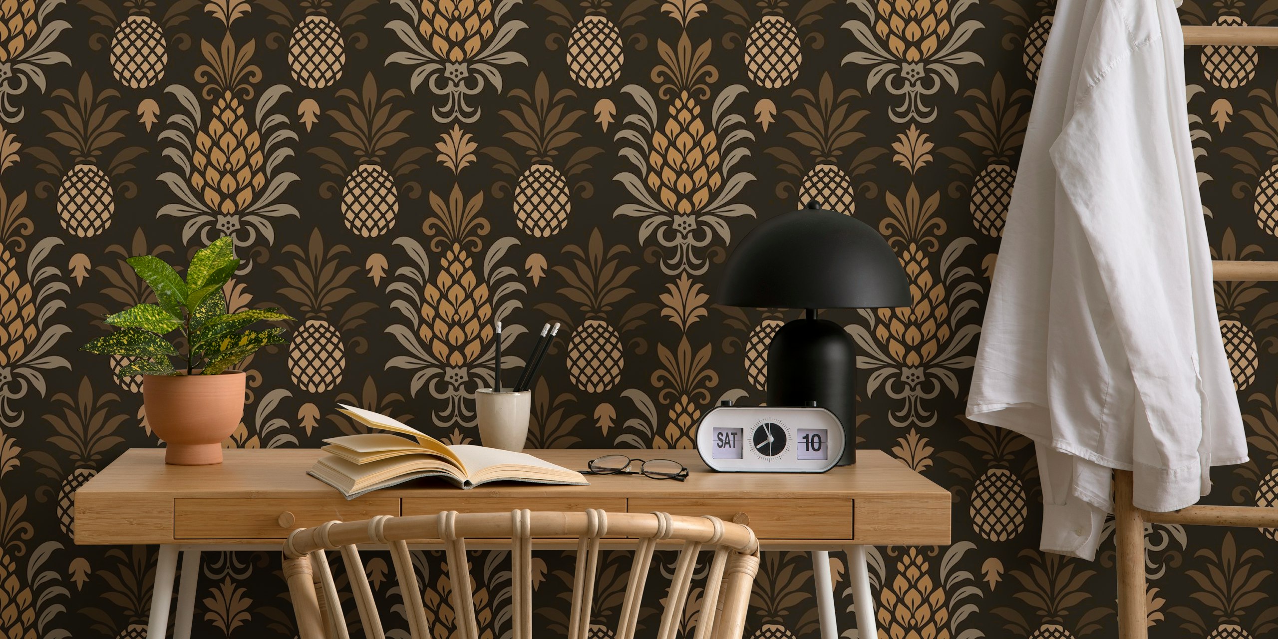 Papel de parede moderno de abacaxi em um quarto