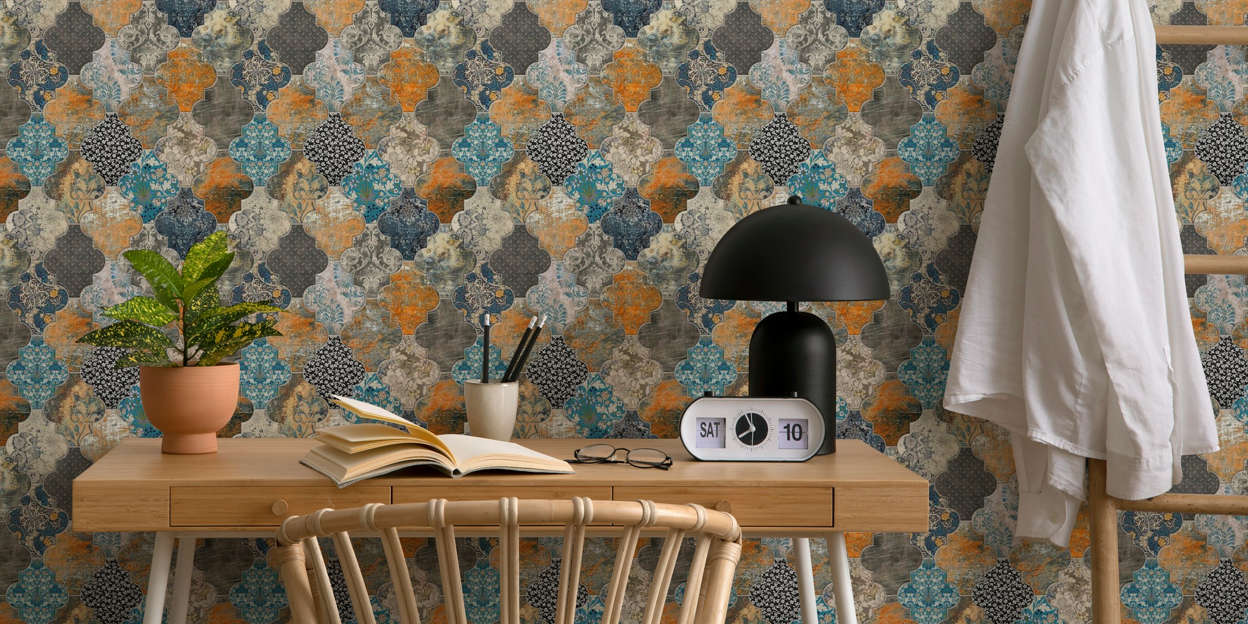Ταπετσαρία Moroccan Tiles Orange Blue σε ένα δωμάτιο