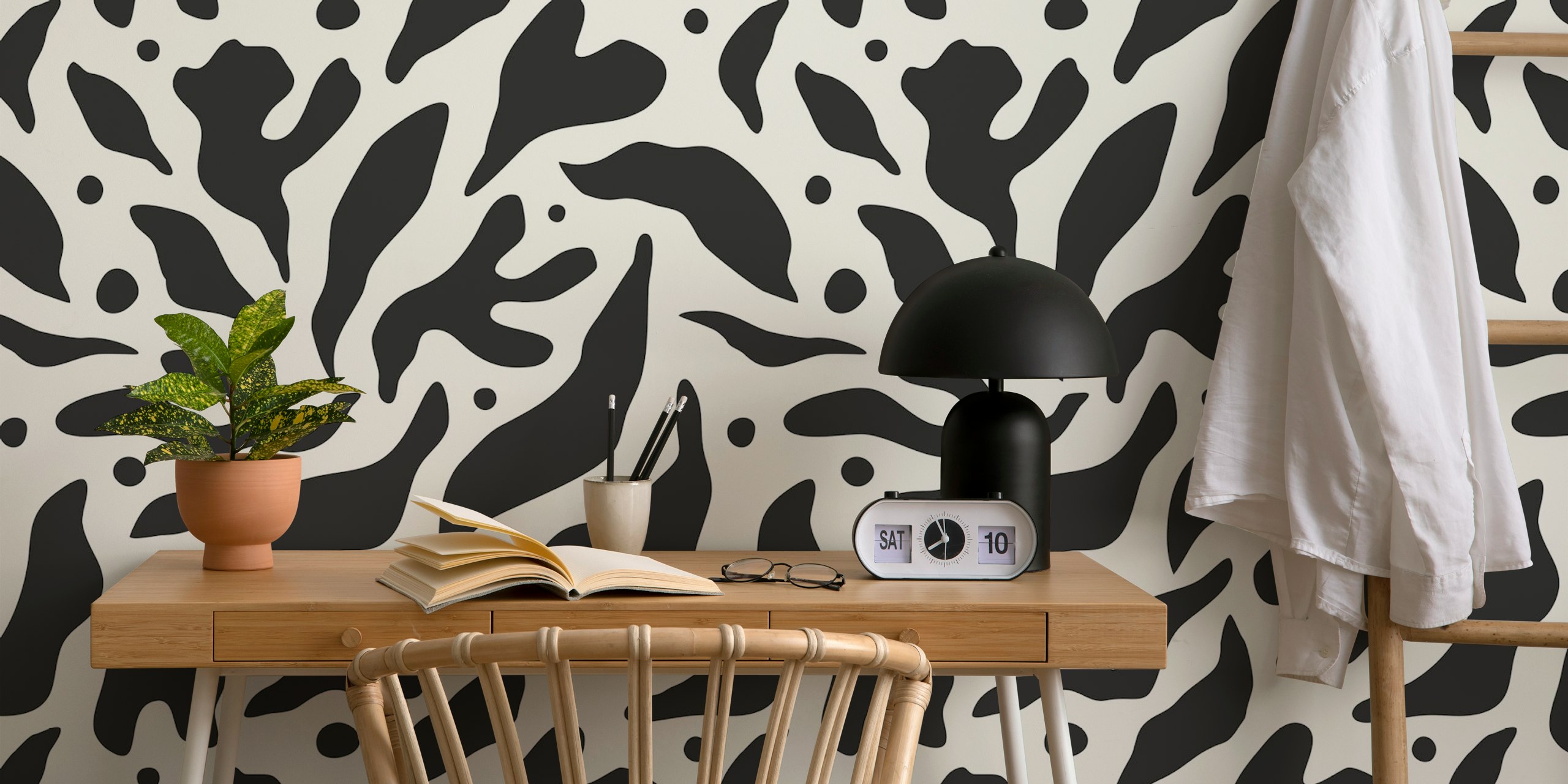 Black and white leaves shapes diseño de papel tapiz