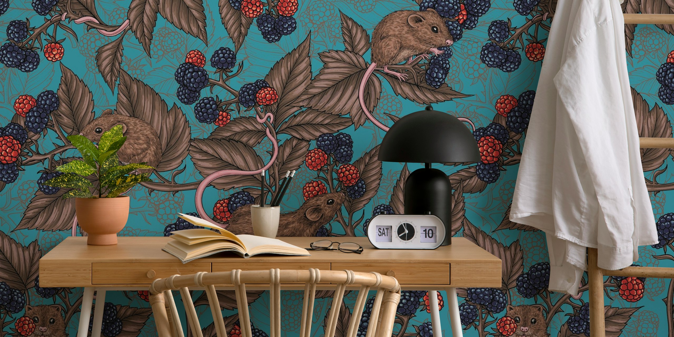 Mice and blackberries on lagoon blue wallpaper