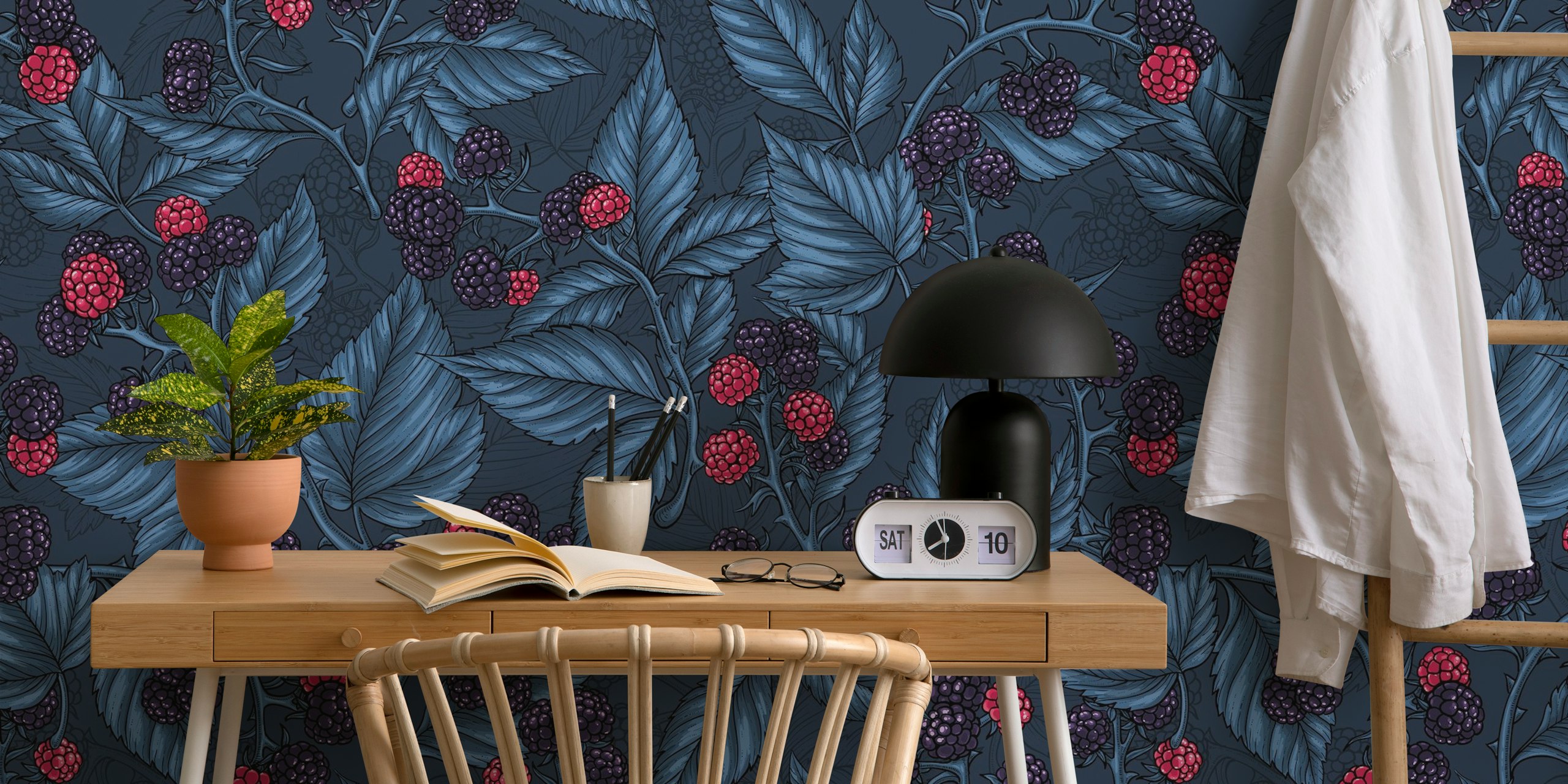 Blackberry fruit and green leaves pattern on dark blue wallpaper