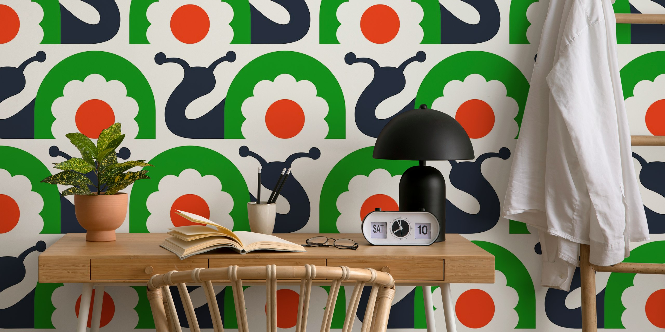 Retro snails with flowers wallpaper in a room