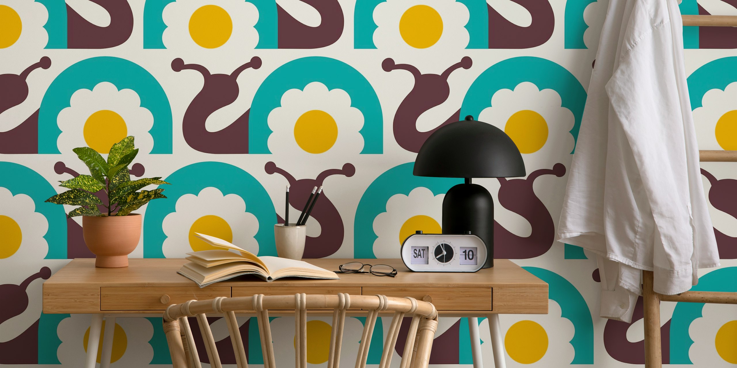 Retro snails and flowers wall mural in turquoise and yellow