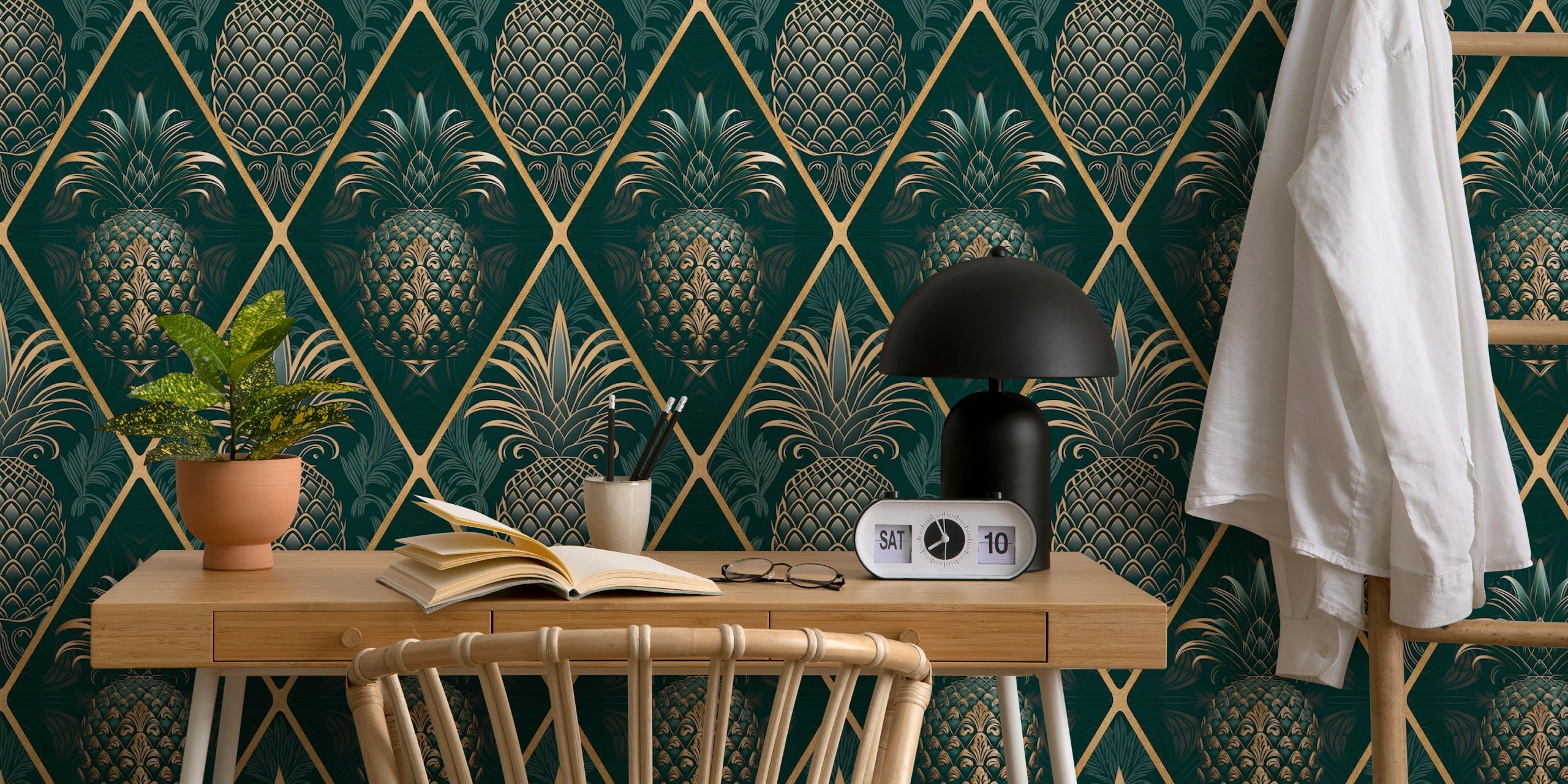 Teal och gold pineapple i ett rum