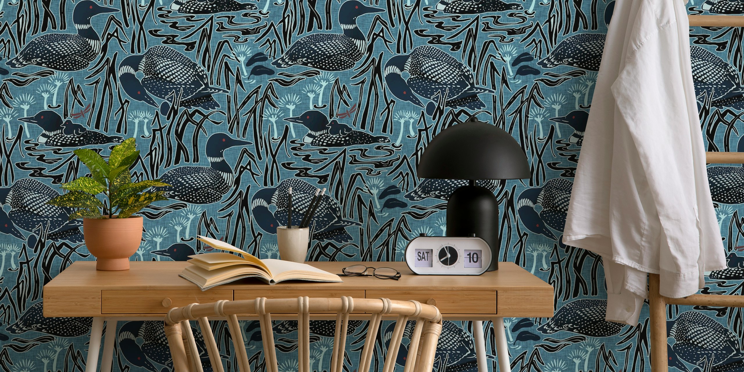 Blue loon wallpaper with lake, reeds, and water lilies