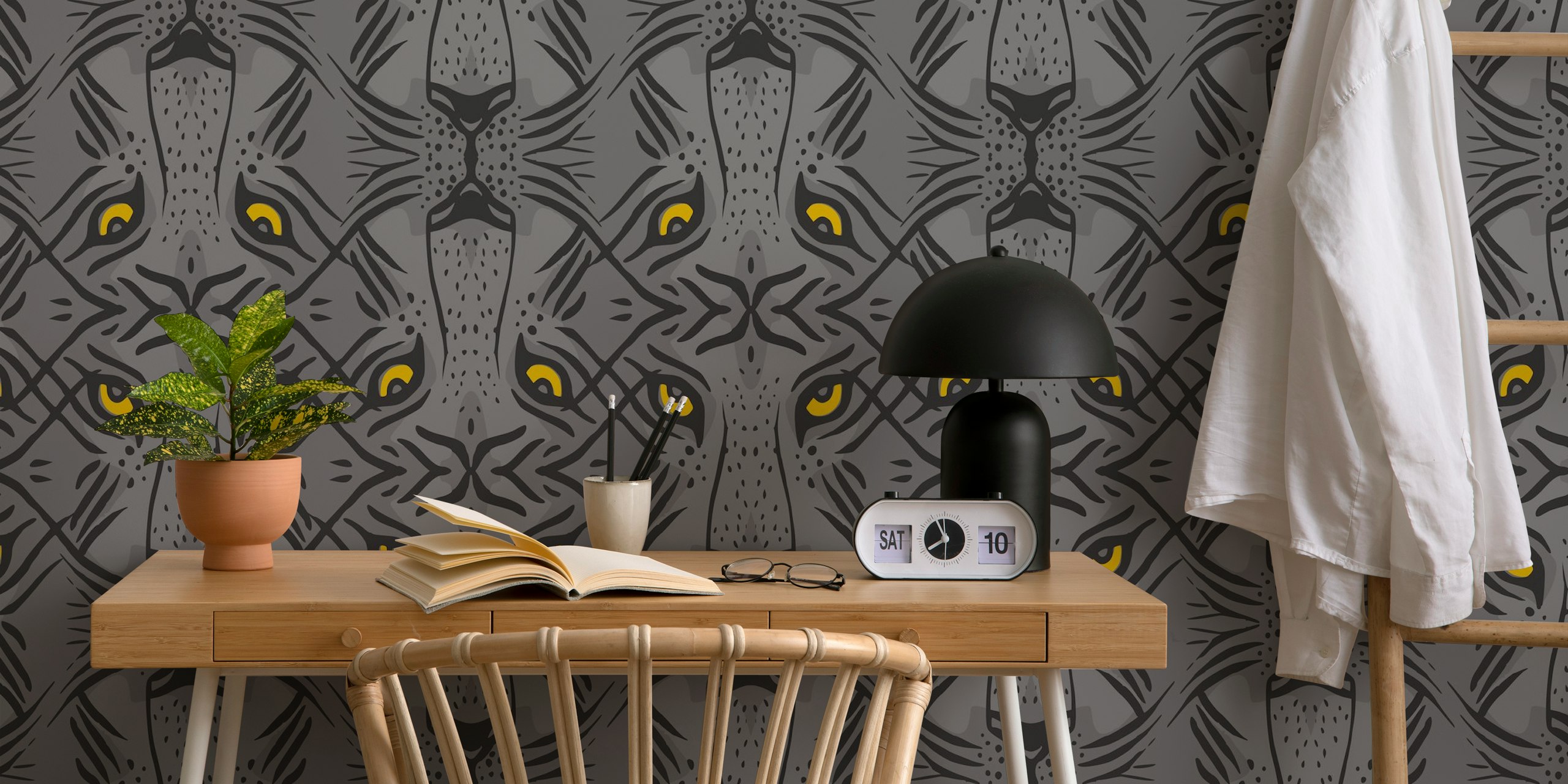 Tiger Eyes fotobehang met artistieke tijgers en opvallende gele ogen op een grijze achtergrond