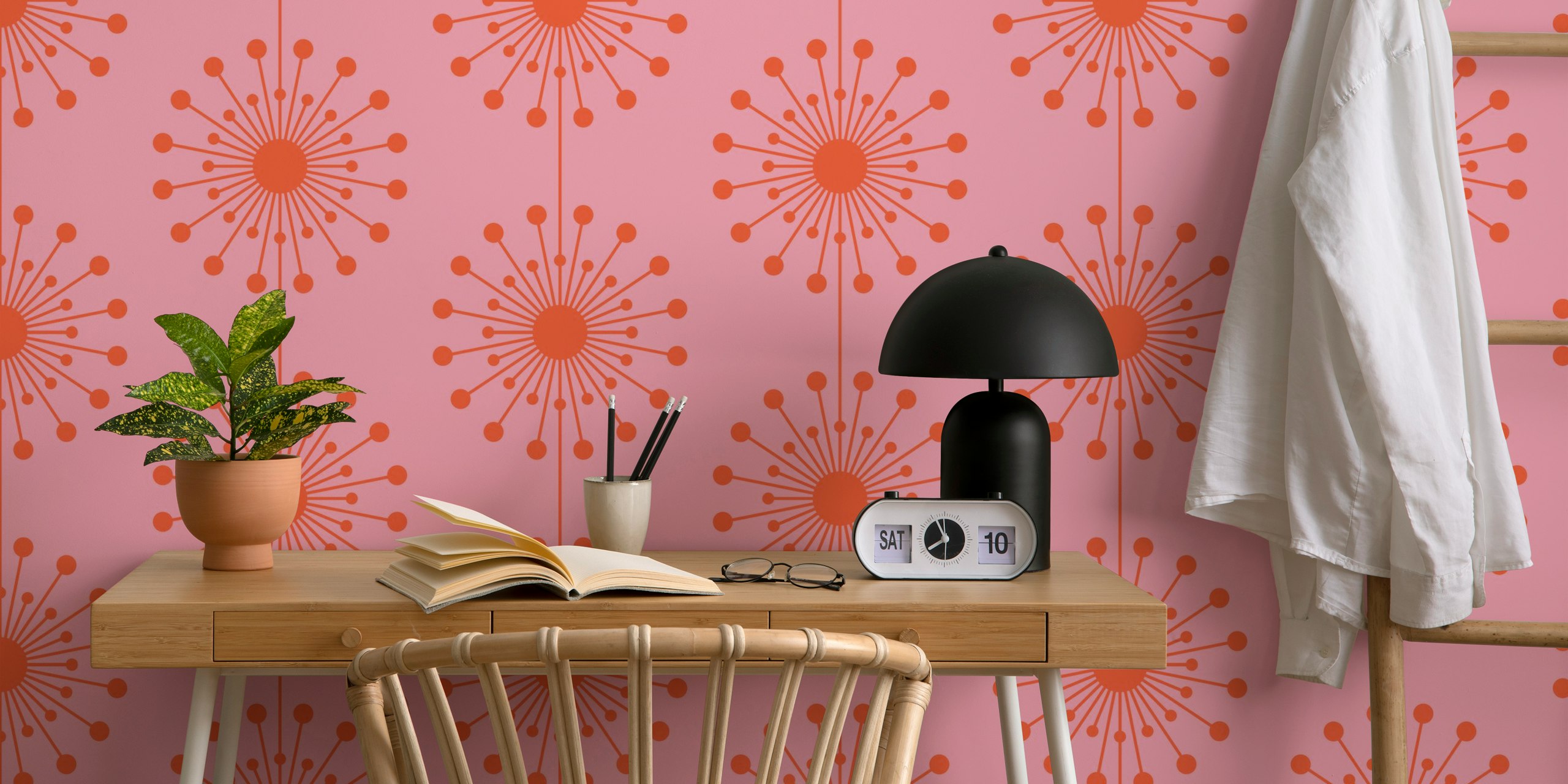 Midcentury modern floral pattern in pink and orange wallpaper
